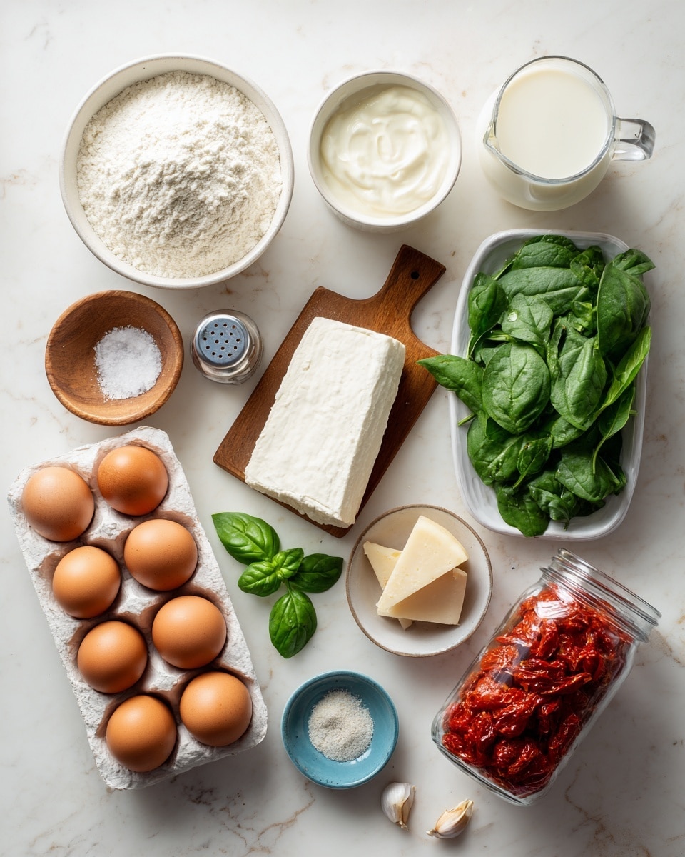 The image shows a flat lay of various cooking ingredients on a white marbled surface. In the top left is a white bowl filled with white flour, next to a glass measuring cup of milk on the top right. Below the flour is a white bowl with a creamy white mixture. To the right of that, a small white oval plate holds a white log of soft cheese. Fresh green spinach leaves fill a clear plastic container on the right side. Near the center are fresh green basil leaves on a small wooden board along with a white wedge of cheese placed diagonally. To the left is a small wooden bowl filled with salt and a clear pepper grinder. A small round white bowl with a spout is empty, and next to it is a tiny blue dish holding a single garlic clove. Six brown eggs sit in a white ceramic egg holder near the bottom center. A glass jar filled with red sun-dried tomatoes is on the bottom right side. The arrangement shows a clean layout with natural colors and textures, photo taken with an iphone --ar 4:5 --v 7