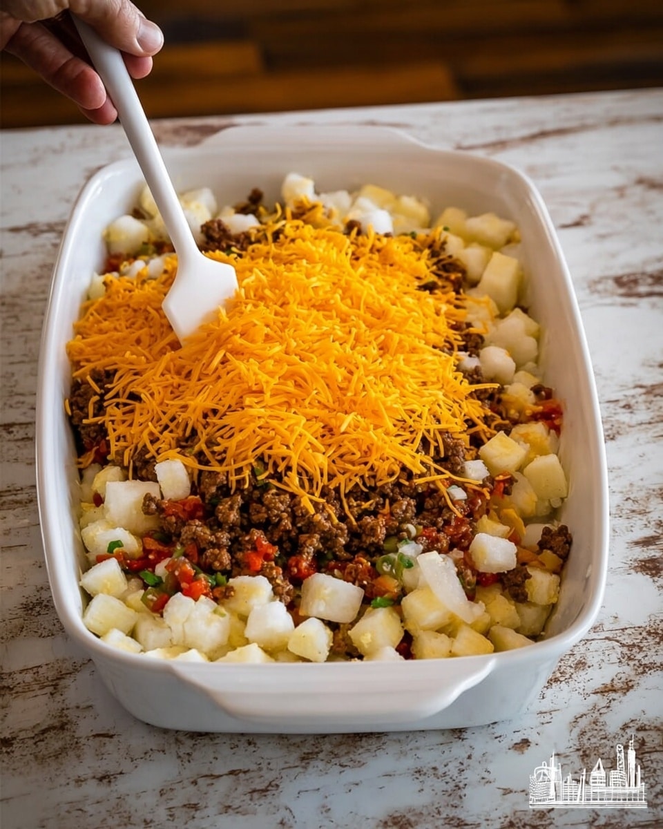 The image shows a white ceramic dish filled with layers of ingredients. The bottom layer is made of small white cubes resembling sliced potatoes or vegetables, spread evenly across the dish. On top of the white cubes, there is a layer of cooked ground meat mixed with some small bits of red and green vegetables, giving a mix of brown, red, and green colors. Covering the meat is a thick layer of bright orange shredded cheese spread evenly. There is a woman's hand holding a white spatula stirring or spreading the cheese on top. The dish is placed on a table with a white marbled texture surface. Photo taken with an iphone --ar 4:5 --v 7