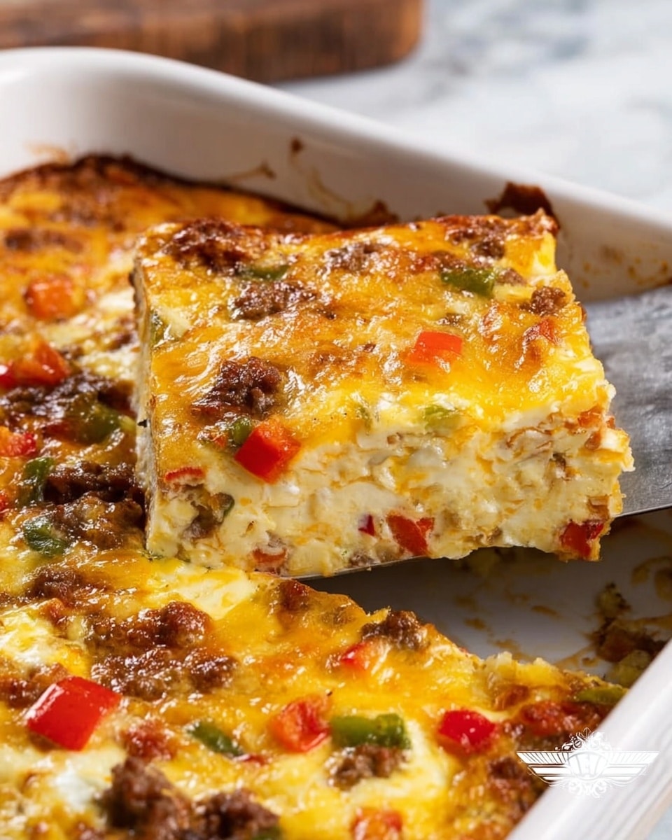 A white ceramic baking dish filled with a baked casserole showing one square piece lifted by a metal spatula. The casserole has multiple layers visible from the side, including a creamy egg layer mixed with small pieces of red and green bell peppers and browned bits of ground meat, all topped with a golden, slightly crispy cheese layer. The surface inside the dish shows browned cheese edges and scattered colorful veggies, all resting on a white marbled background. Photo taken with an iphone --ar 4:5 --v 7