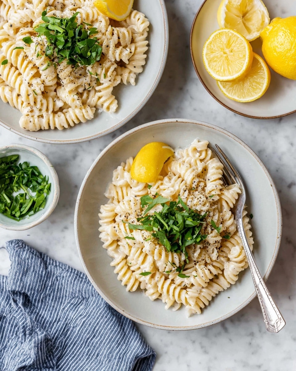 A grey bowl filled with pale yellow spiral pasta sits on a white marbled surface. The pasta is topped with chopped green basil leaves, grated white cheese, a sprinkling of black pepper, and some red chili flakes. A lemon wedge is placed on the left side inside the bowl. A silver fork rests on the bowl’s edge. Around the bowl are scattered fresh green basil leaves, a small white dish of grated cheese, and a white plate with yellow lemon wedges. A blue and white striped cloth lies nearby. Photo taken with an iphone --ar 4:5 --v 7