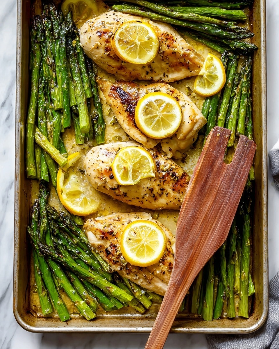 A metal baking tray filled with three golden brown grilled chicken pieces placed in the center, each topped with a yellow lemon slice. Surrounding them on all sides are bright green roasted asparagus stalks, also decorated with lemon slices. A wooden spatula is lifting one piece of chicken from the right side of the tray. The whole scene lies on a white marbled surface. photo taken with an iphone --ar 4:5 --v 7