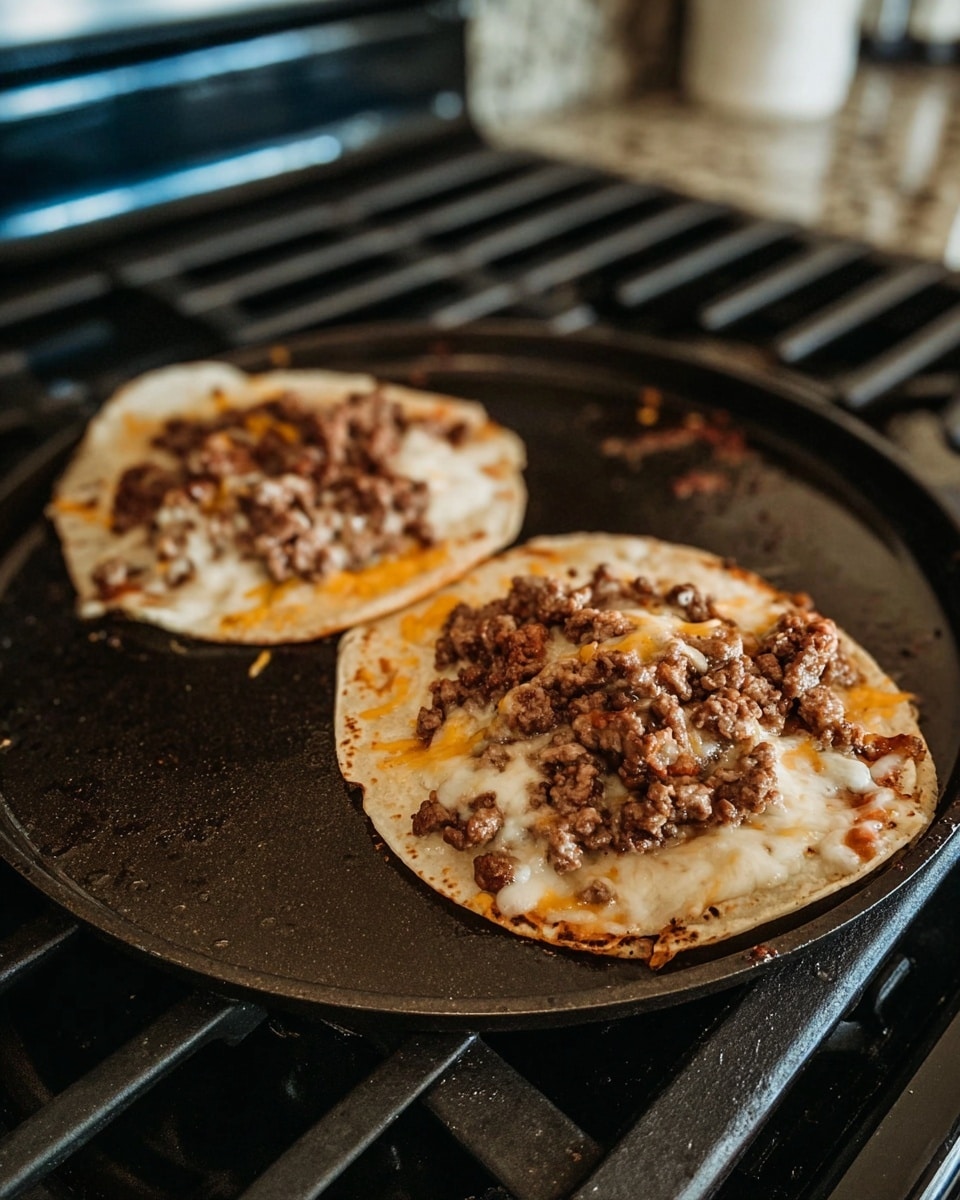 Two flat, round tortillas are cooking on a dark round griddle over a stove with a white marbled texture seen slightly on the side. Each tortilla has one layer of white melted cheese spreading almost to the edges with some browning spots, and on top of the cheese is a layer of cooked ground meat, brown and chunky, placed mostly in the center of each tortilla. The edges of the tortillas are slightly crispy and brown. The background shows the black stove burners and part of the kitchen, out of focus. photo taken with an iphone --ar 4:5 --v 7
