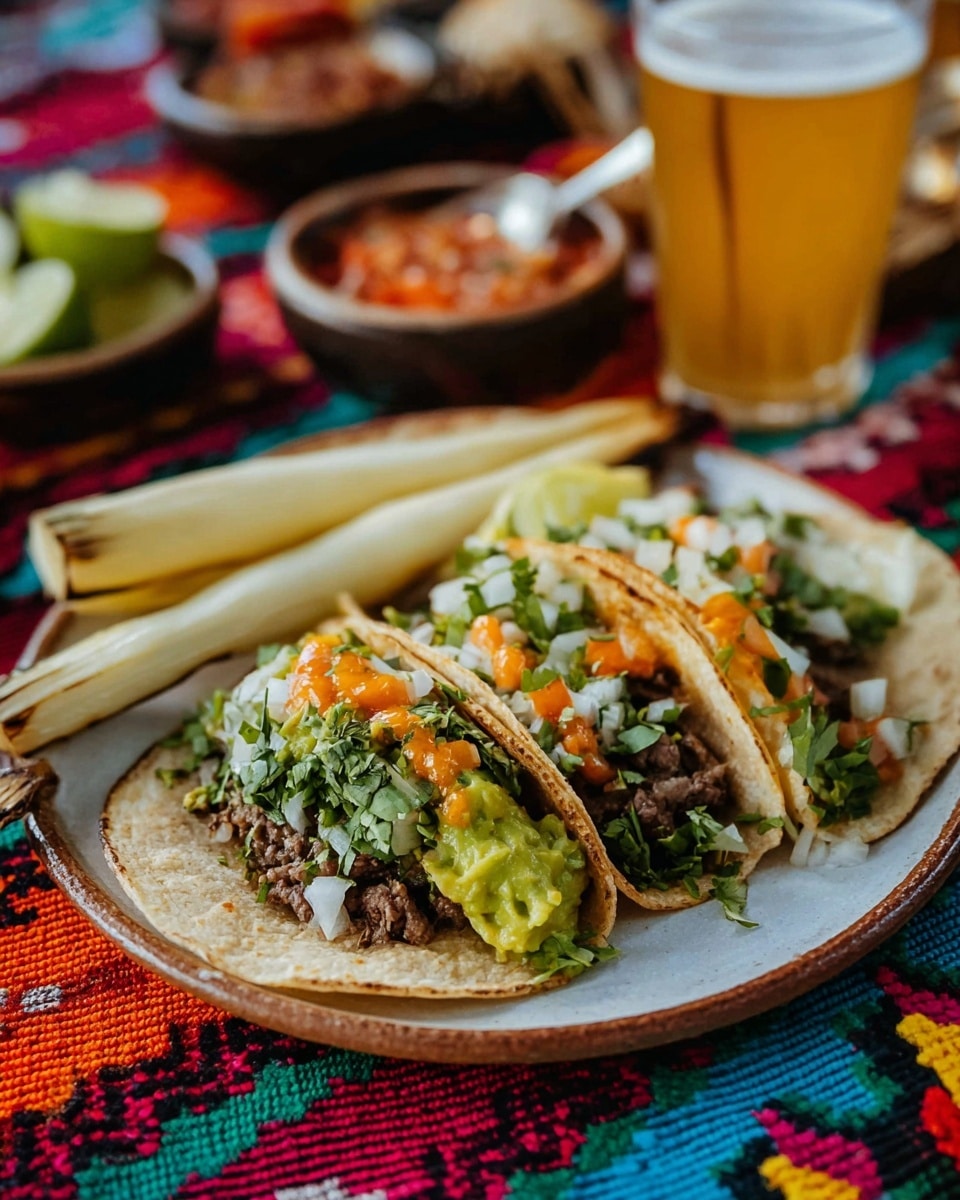 Two soft tacos are placed side by side on a round white plate with a rustic light brown rim. Each taco has three layers visible from top to bottom: chopped fresh cilantro and onions with a hint of orange sauce on top, a layer of green guacamole with some red bits mixed in, and a base layer of cooked ground meat. Behind the tacos, two grilled white asparagus stalks lie parallel to each other, adding a pale green and white color element. In the background, a clear frothy beer and small dishes with lime wedges and red and green salsa are slightly blurred. The whole setting is on a vibrant, multicolored textile with geometric patterns and a white marbled texture beneath the plate, with a woman’s hand holding a spoon over one dish. photo taken with an iphone --ar 4:5 --v 7