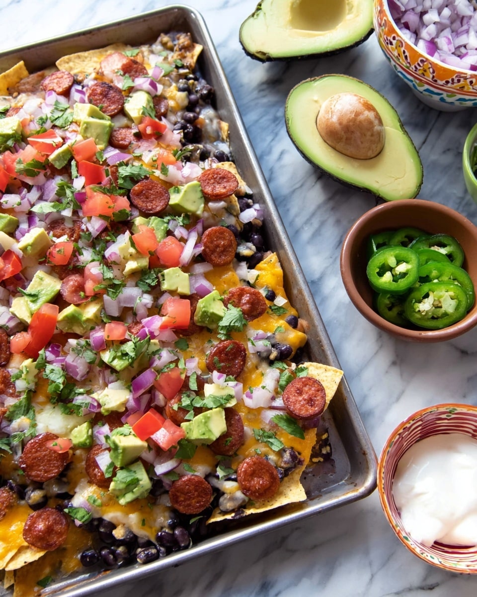 The image shows a rectangular metal tray filled with layered nachos. The bottom layer consists of light beige tortilla chips spread out evenly. Scattered on top are small black beans and melted light yellow cheese that covers parts of the chips. Above this, there are slices of red cooked shrimp, bright green jalapeño slices, and chunks of light green avocado. Small pieces of red tomato and finely chopped purple onion add more color, along with sprigs of green cilantro leaves sprinkled across the dish. The tray is set on a white marbled surface. photo taken with an iphone --ar 4:5 --v 7