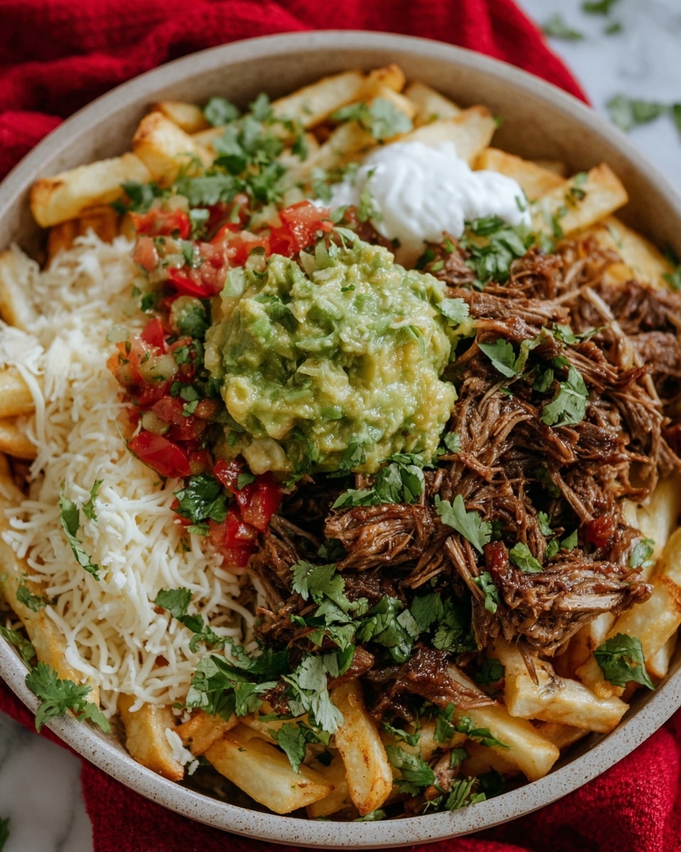 A bowl with several layers, starting at the bottom with thick white fries topped with shredded white cheese, then a layer of shredded brown cooked meat. On top of the meat is a large scoop of chunky green guacamole mixed with red tomato pieces and green cilantro leaves scattered throughout. To the side of the guacamole, there is a dollop of white sour cream. Some fresh green cilantro leaves are sprinkled over the top and around the bowl edges. The bowl sits on a white marbled surface with a red cloth partially visible behind it. Photo taken with an iphone --ar 4:5 --v 7