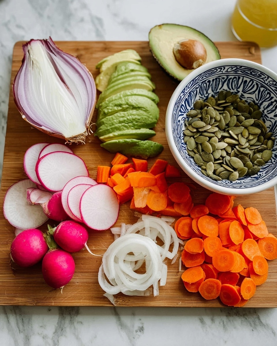 The image shows a wooden board on a white marbled surface with various fresh ingredients neatly arranged. From left to right, there is a half of a shallot with white and light purple layers, a whole avocado and one half with the pit in it, thin slices of avocado stacked next to it, a small bunch of whole radishes and thin slices of radishes showing a white interior with pink edges, a pile of thin orange carrot slices, and thin white onion slices at the bottom right corner. To the right of the board, there is a white bowl with blue tribal patterns filled with green pumpkin seeds. In the top right background, there is a glass with a yellow-orange drink. The colors are fresh and vibrant, and the image is clear and bright. photo taken with an iphone --ar 4:5 --v 7