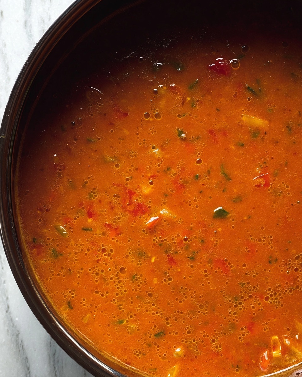 A close-up view of a large pot filled with thick orange-red soup that has a slightly glossy surface. The soup has small pieces of vegetables like red and green bits scattered throughout, giving it a textured look with tiny bubbles on top. The pot is round with a dark rim, sitting on a white marbled surface. photo taken with an iphone --ar 4:5 --v 7