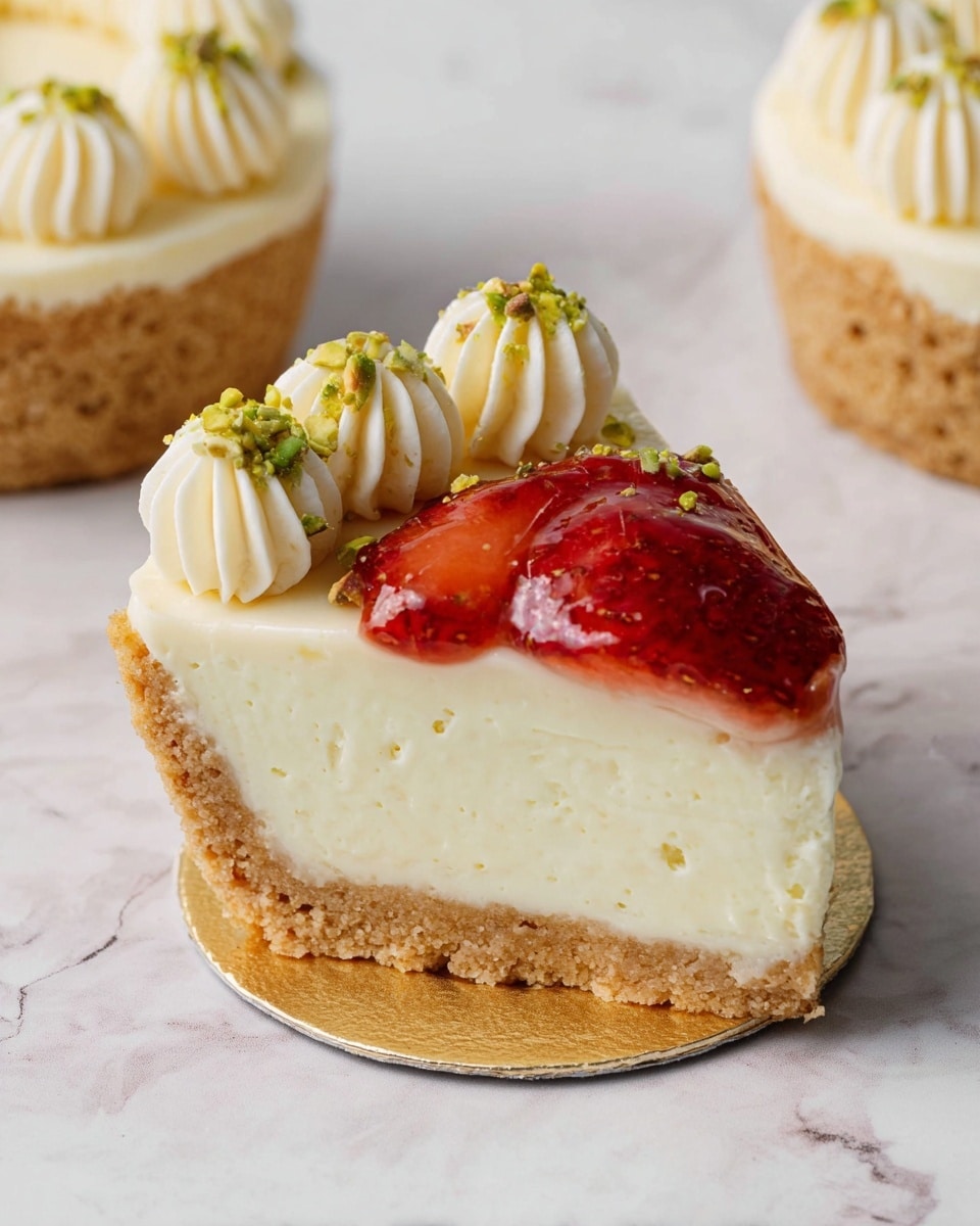 A slice of pie with three clear layers sits on a round gold base against a white marbled surface. The bottom layer is a thick, light brown crust that is firm and crumbly. The middle layer is a tall, smooth, pale yellow filling with small darker specks. On top, there is a thin layer of chopped green pistachios scattered in the center. Five evenly spaced dollops of light tan cream with fine ridges line the edge of the slice. Photo taken with an iphone --ar 4:5 --v 7