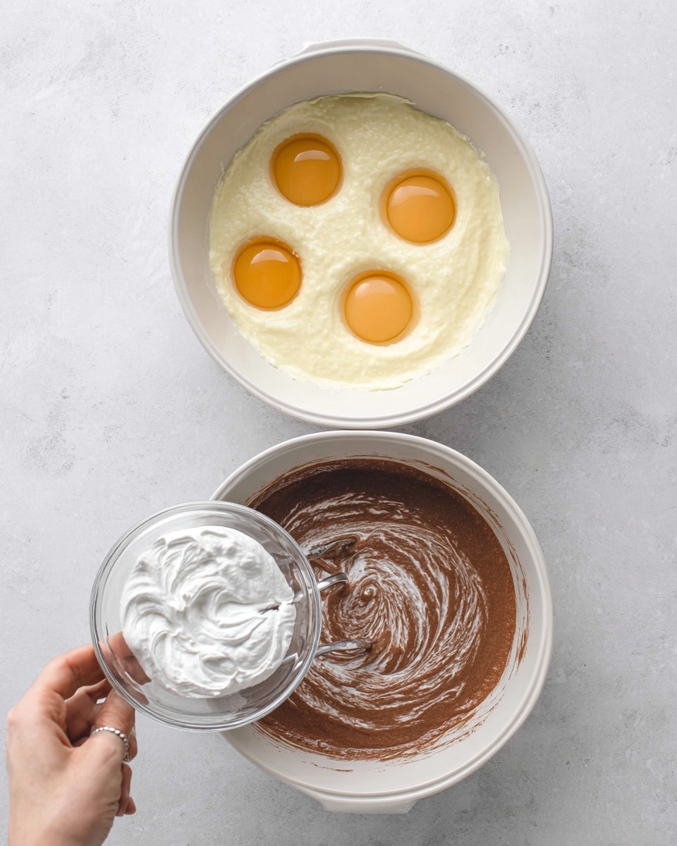 The image shows two steps of mixing ingredients in a white bowl on a white marbled surface. On the left side, a woman's hand is holding a small clear glass bowl with three whole eggs above a larger white bowl filled with a pale yellow creamy mixture, while a white electric hand mixer with silver beaters is inside the large bowl. On the right side, a woman's hand is holding a small clear glass bowl filled with white fluffy cream or whipped ingredient above the same larger white bowl containing the pale yellow mixture with the hand mixer beaters resting inside. The scene has a bright and clean look. Photo taken with an iphone --ar 4:5 --v 7