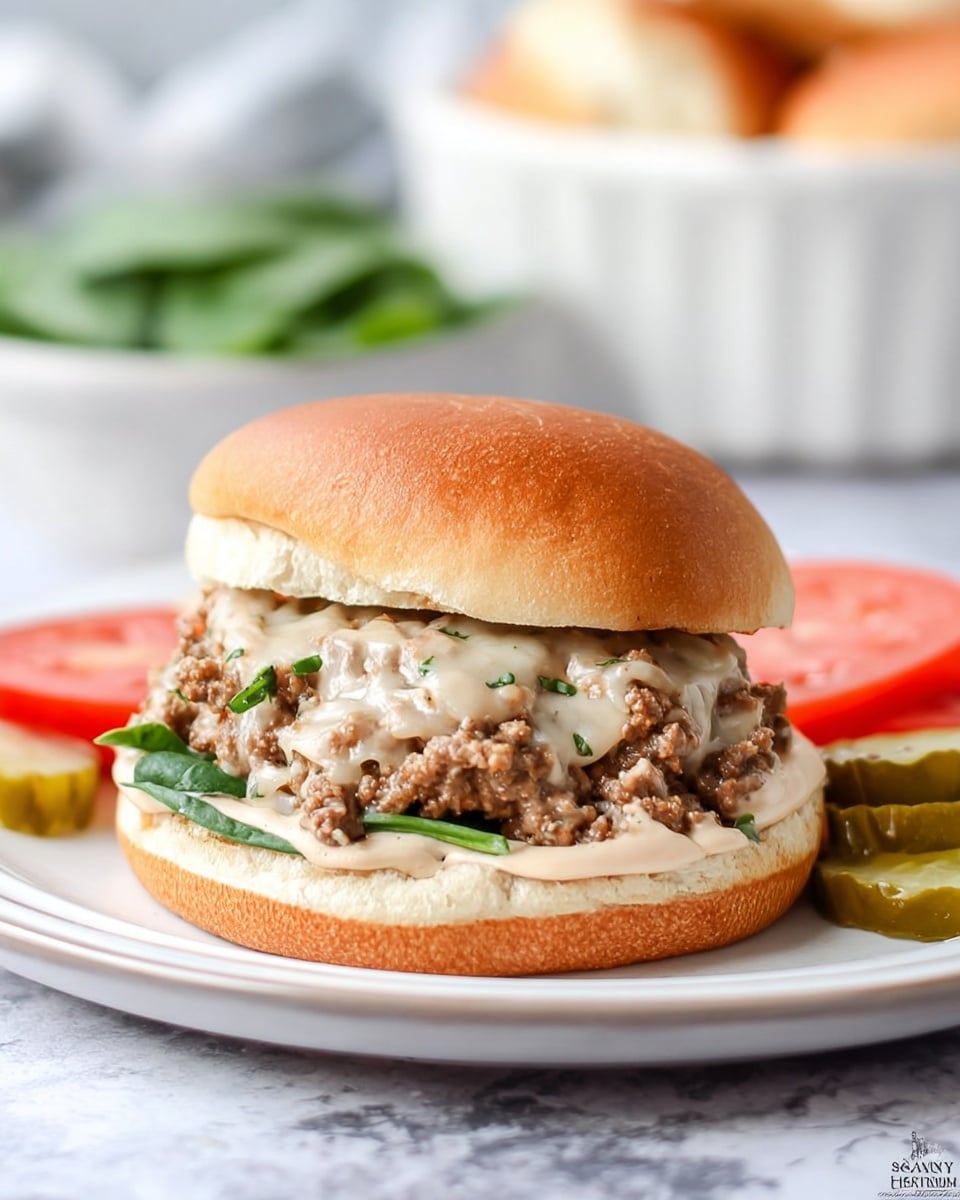 A soft light brown sandwich bun with a top layer slightly domed sits on a white plate with a white marbled texture underneath. Inside, the bottom bun is spread with a layer of light creamy sauce, topped with a few green spinach leaves. Above that, there is a thick layer of cooked browned ground beef mixed with melted light beige cheese that looks creamy and gooey, sprinkled with small green herb bits. The top bun rests gently on the meat and cheese layer. On the white plate next to the sandwich are slices of red tomato and greenish-yellow pickles stacked in a neat line. In the background, a blurred white bowl of green spinach leaves and some more sandwich buns are visible. Photo taken with an iphone --ar 4:5 --v 7