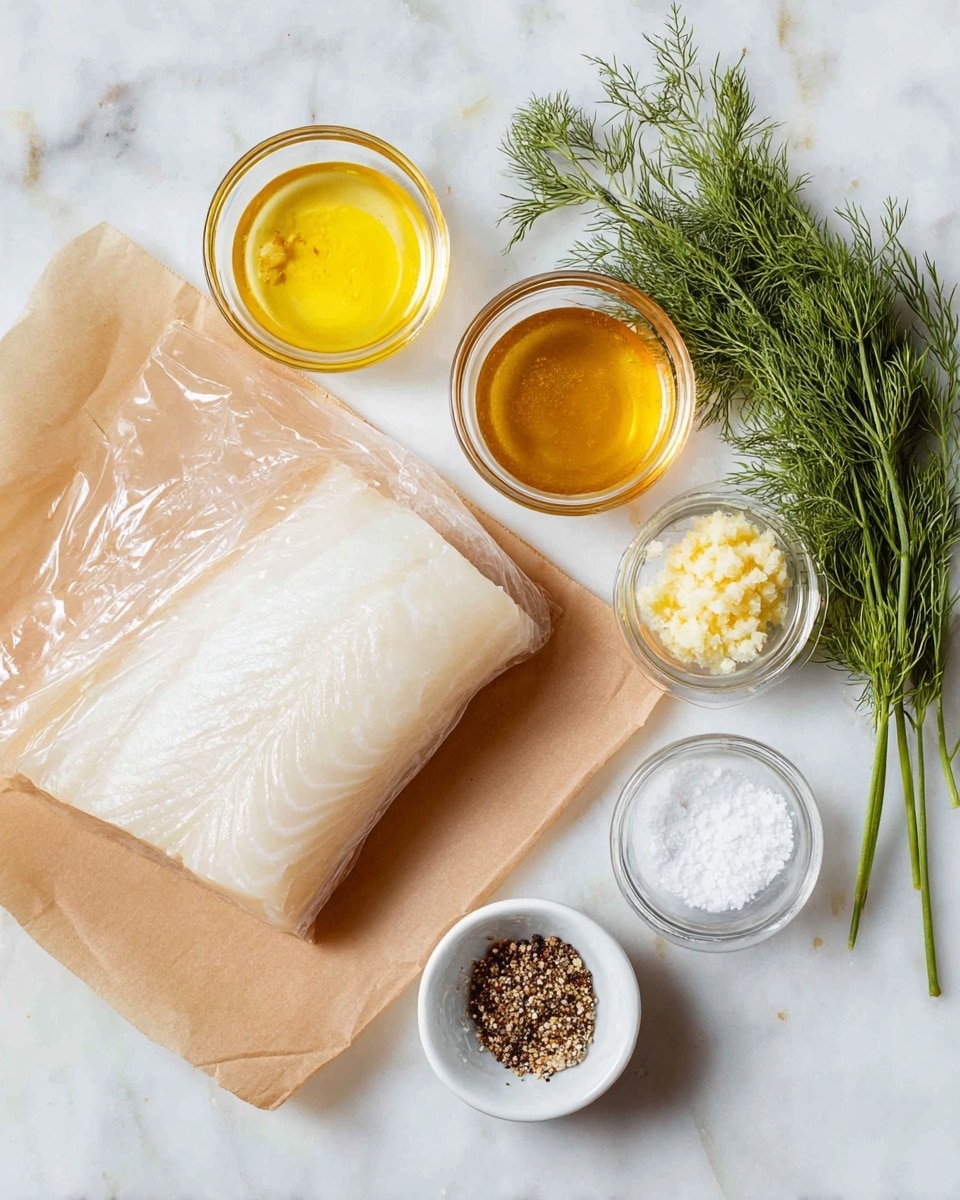 A thick, pale white piece of fish is placed on brown paper with plastic wrap over part of it, positioned on a white marbled surface. Around it, there are five small glass bowls with different ingredients: one with yellow melted butter, one with light brown honey, one with light yellow minced garlic, one with finely grated lemon zest, and one white bowl holding half black pepper and half white salt. Next to the bowls, there is a small bunch of bright green fresh dill. The overall setup looks clean and organized, with soft natural lighting. photo taken with an iphone --ar 4:5 --v 7