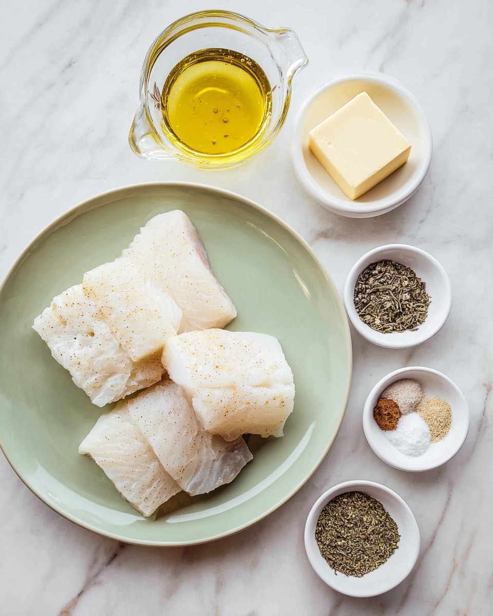The image shows a light green plate holding four pieces of raw white fish with soft textures and slight translucent areas, arranged loosely in the center of the frame on a white marbled surface. Above the plate, there is a small glass bowl with a light yellow liquid, a clear measuring cup filled with golden olive oil, a white bowl with five different spices arranged in small heaps (black cracked pepper, coarse salt, dried oregano, garlic powder, and onion powder), and a small glass container holding a square of pale yellow butter. The ingredients are spaced neatly around the plate. photo taken with an iphone --ar 4:5 --v 7
