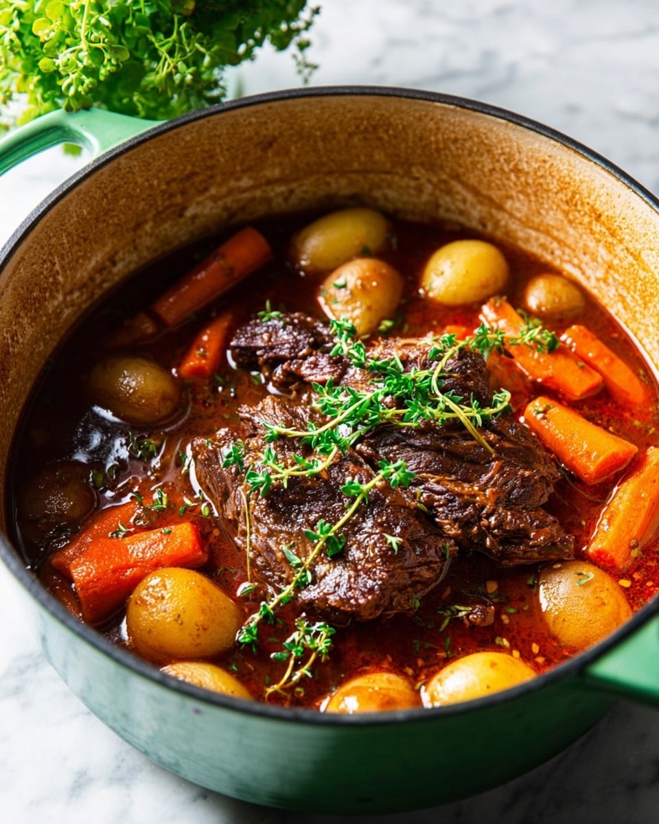 A large green pot with a thick stew inside, featuring a big piece of dark brown cooked meat in the center, topped with small fresh green herb leaves. Around the meat are bright orange carrot chunks and small light brown round potatoes in a rich reddish-brown sauce. The pot sits on a white marbled surface with a blurred green herb plant in the background. photo taken with an iphone --ar 4:5 --v 7