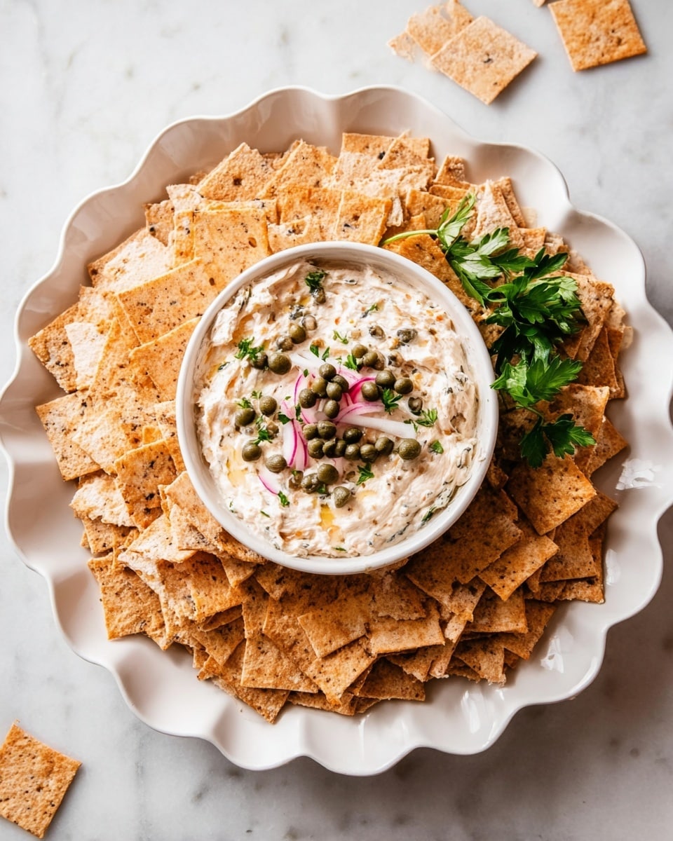 A large white scalloped plate filled with many small square whole grain crackers arranged in concentric circles around a white round bowl in the center. The bowl holds a creamy dip with a light beige color and a slightly chunky texture. On top of the dip, there are small green capers, finely chopped pink onions, and a few fresh green parsley leaves as garnish. The dish is set on a white marbled surface. photo taken with an iphone --ar 4:5 --v 7