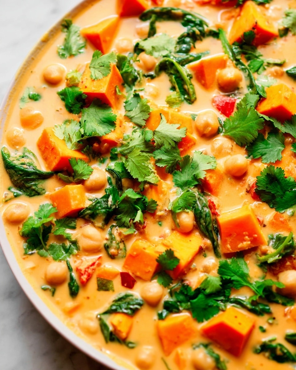 This image shows a creamy stew with visible layers of ingredients. The bottom layer is a smooth, light orange sauce that fills the space. On top of this sauce are soft, cubed orange sweet potatoes scattered throughout. Beige round chickpeas are distributed evenly among the sweet potatoes. Fresh green cilantro leaves and some spinach leaves are spread on the surface, adding a lively green color contrast. Small hints of red can be seen from tiny tomato pieces mixed in. The dish sits on a white marbled surface. photo taken with an iphone --ar 4:5 --v 7