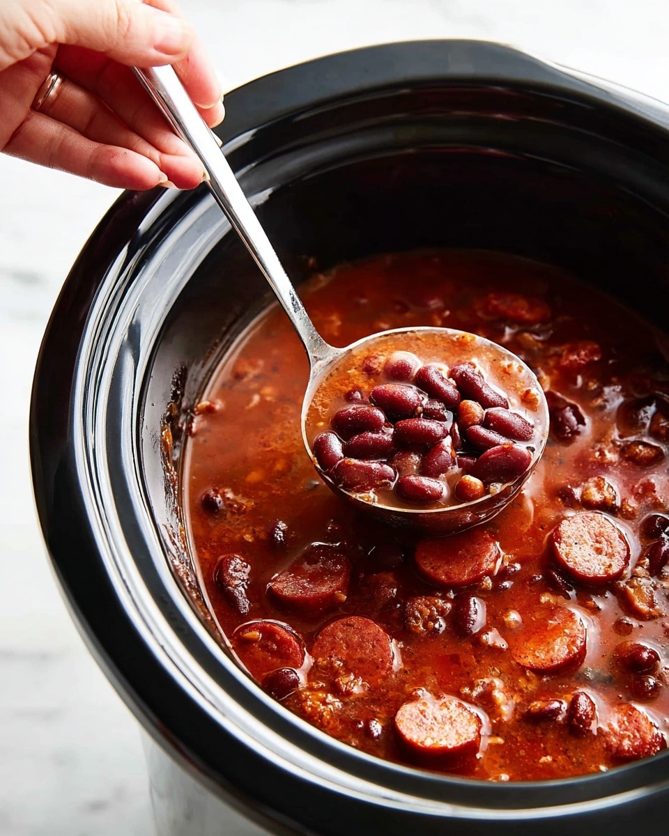 A close-up of a black slow cooker filled with a rich, reddish-brown bean stew with sliced sausage pieces scattered throughout the thick broth. A silver ladle, held by a woman's hand, is scooping up a portion of the stew with shiny red beans and dark sausage slices visible, creating a glossy texture on the surface. The background is a clean white marbled texture. photo taken with an iphone --ar 4:5 --v 7