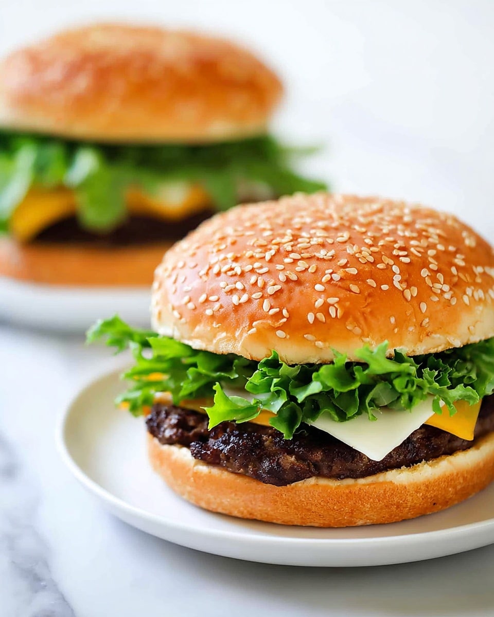 The image shows a cheeseburger with three clear layers on a white plate. The bottom layer is a soft golden brown sesame seed bun. Above it, there is a cooked dark brown burger patty with a slice of white cheese peeking out from underneath bright green curly lettuce, which makes the top layer. The top layer is a golden sesame seed bun sitting slightly tilted. In the background, a second similar burger is softly focused. The whole scene is set on a white marbled surface. Photo taken with an iphone --ar 4:5 --v 7