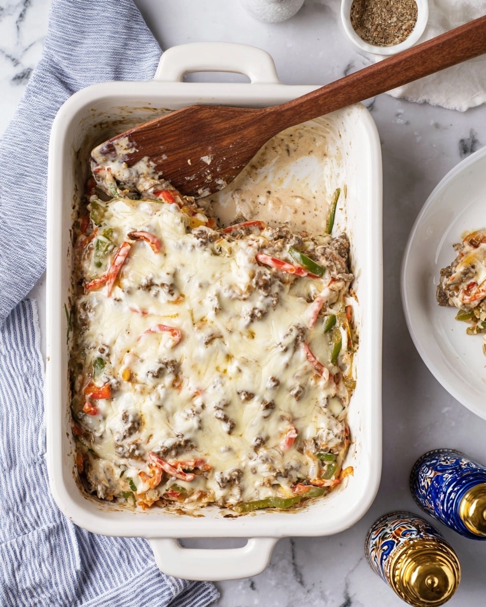 The image shows a white rectangular baking dish filled with a creamy mixed casserole. The dish has two main visible layers: the bottom layer is a mix of brown cooked meat pieces, green and red bell pepper strips, and possibly onions, all covered in a thick, light beige creamy sauce; the top layer is melted white cheese spread unevenly over the casserole, with some spots thicker than others. A wooden spatula with a brown handle rests inside the dish, partially covered with the creamy sauce. To the right, there is a white plate with a small amount of the same casserole, and in the lower right corner, there are two blue and gold ornate salt and pepper shakers on a white marbled surface. A striped blue and white cloth is partially visible on the lower left edge. Photo taken with an iphone --ar 4:5 --v 7