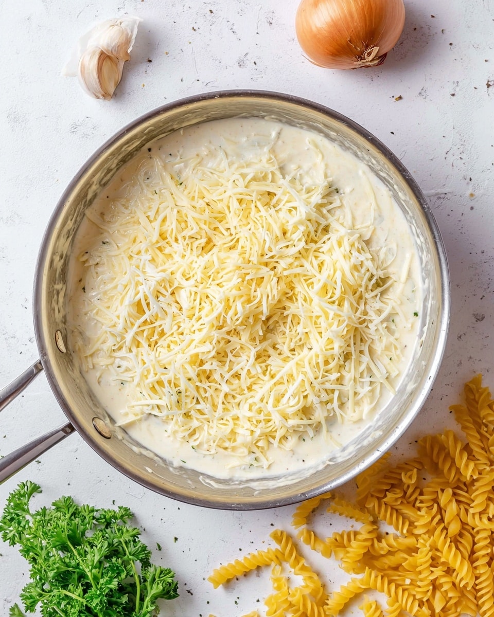 A stainless steel pan filled with a creamy white sauce at the base, topped with loose piles of shredded cheese in pale yellow and white colors, spread unevenly in the center. Around the pan on a white marbled surface, there is some yellow uncooked spiral pasta, a whole garlic bulb, a whole golden brown onion with its outer peel slightly flaking off, and a bunch of fresh green parsley. The overall scene looks bright and clean, with a clear focus on the pan and cheese mixture. Photo taken with an iphone --ar 4:5 --v 7