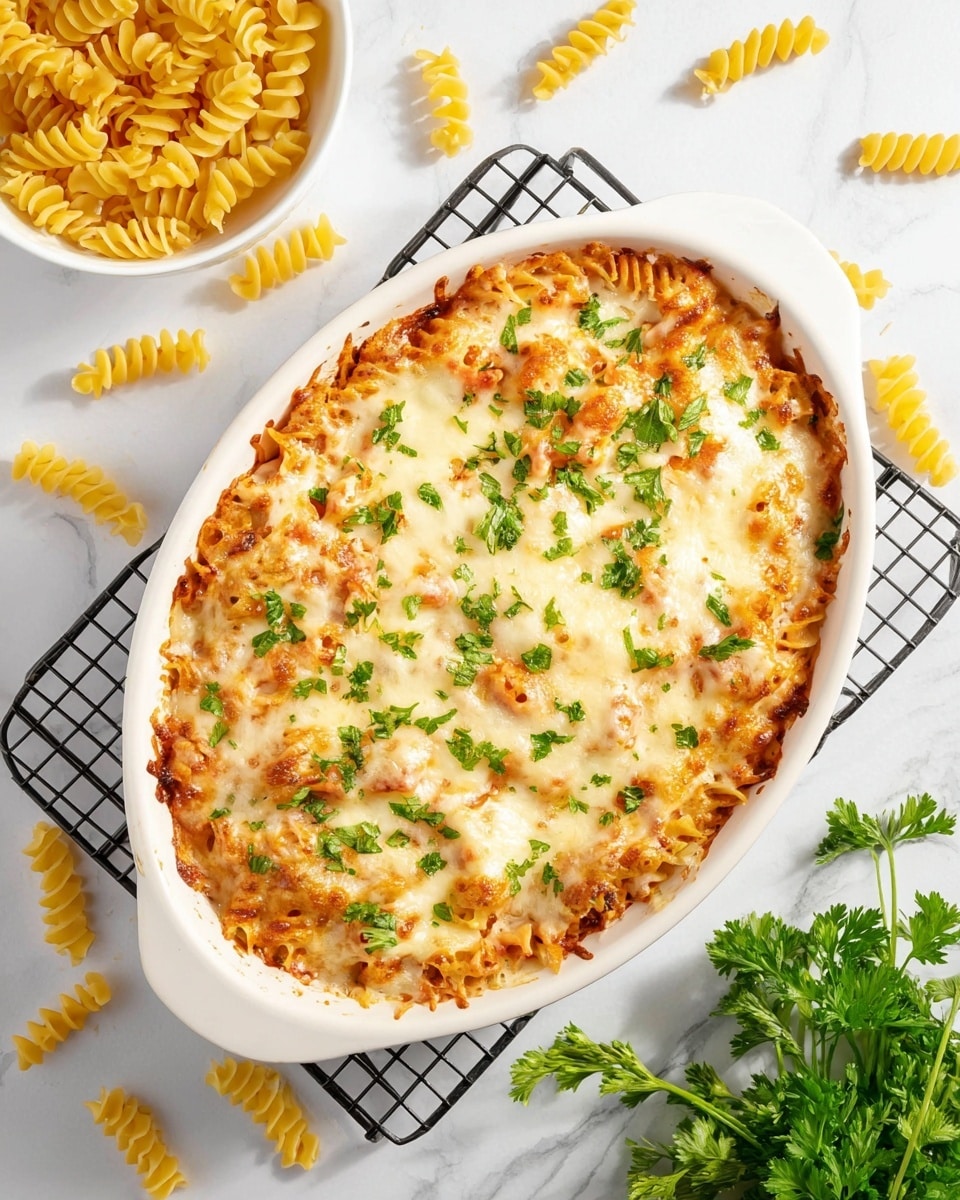A white oval dish holds a baked pasta casserole with a top layer of bubbly, golden-brown melted cheese dotted with fresh green parsley pieces. Underneath the cheese, you can see creamy, light-yellow pasta spirals mixed in a rich sauce. The casserole sits on a black cooling rack placed on a white marbled surface. Around the dish, uncooked yellow fusilli pasta is scattered, with a white bowl filled with more dry pasta visible in the upper part. Fresh sprigs of green parsley are placed near the bottom right corner. Photo taken with an iphone --ar 4:5 --v 7