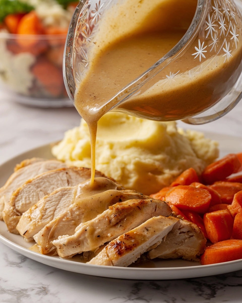 A white plate holds a serving of three layers of light brown, grilled chicken slices placed side by side at the front. Behind the chicken, there is a scoop of creamy pale yellow mashed potatoes with a smooth texture. Next to the potatoes, a pile of soft, deep orange cooked carrots adds bright color. A glass gravy boat with a star pattern is tilted over the chicken, pouring thick, brown gravy with a slightly speckled surface. A woman's hand holds the gravy boat, and the scene rests on a white marbled surface. photo taken with an iphone --ar 4:5 --v 7