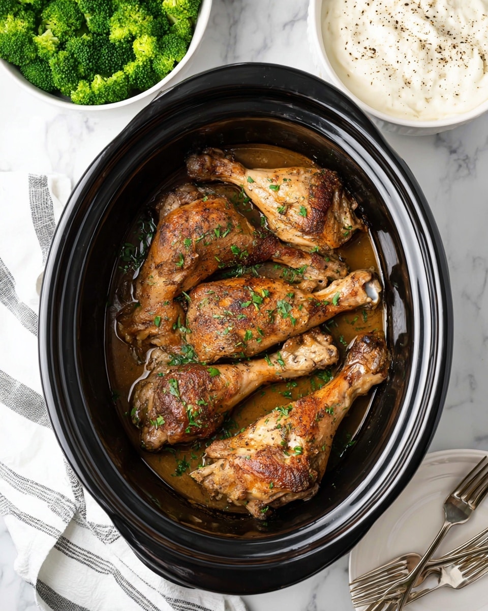 A black slow cooker holds five cooked turkey legs with golden brown skin and some darker roasted spots, lightly sprinkled with chopped green herbs, resting in a small pool of brown juices. Surrounding the slow cooker are white bowls, one filled with bright green steamed broccoli florets on the left and another with a creamy white sauce sprinkled with black pepper on the right. In the bottom right corner, there are two silver forks placed on a white plate, all set on a white marbled surface with a white and black striped cloth nearby. Photo taken with an iphone --ar 4:5 --v 7