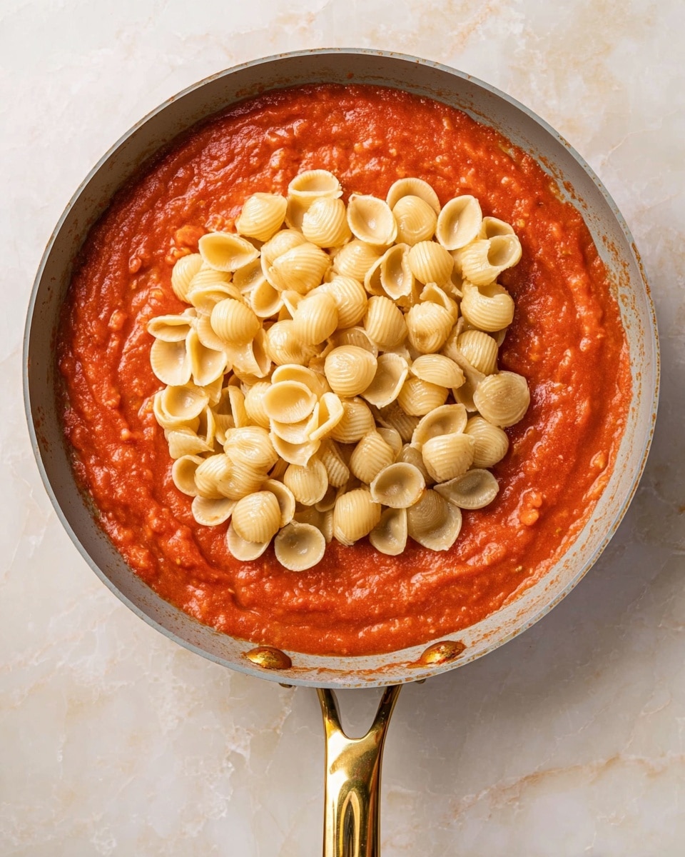A grey pan with a shiny gold handle contains two layers: the bottom layer is a thick, rich red tomato sauce with visible chunks and a smooth texture, spread evenly across the base of the pan; the top layer is a heap of light beige, round shell-shaped pasta resting in the center, contrasting with the vibrant sauce underneath. The pan sits on a white marbled surface. Photo taken with an iphone --ar 4:5 --v 7
