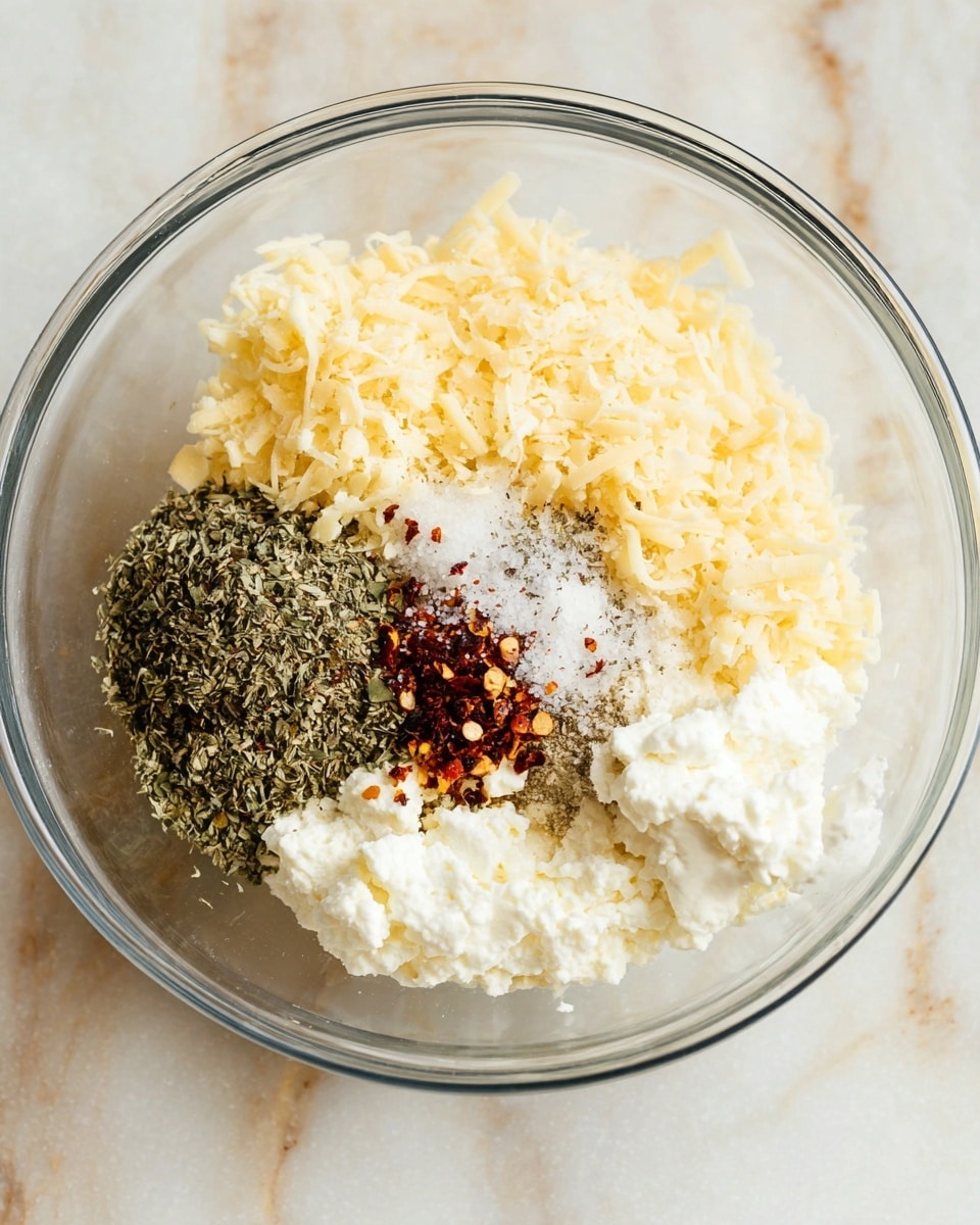 A clear glass bowl sits on a white marbled surface filled with several ingredients layered side by side without mixing. At the bottom right, there is a white lumpy layer of cottage cheese. To the left of it, there is a pile of dried green herbs with a rough texture. Above the herbs, a small mound of coarse salt is visible, surrounded by some black pepper and red chili flakes. On the top left, finely grated pale yellow cheese forms a soft, grainy layer. The ingredients form distinct piles within the bowl, showing different colors and textures clearly. photo taken with an iphone --ar 4:5 --v 7