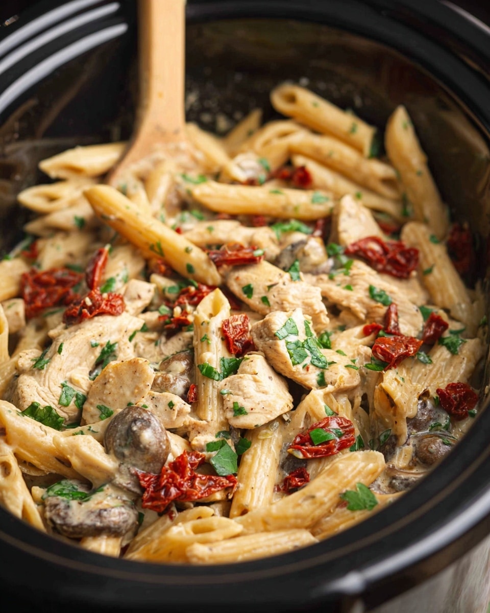 The image shows a close-up of a creamy pasta dish inside a black slow cooker. The dish has three main layers: at the base is penne pasta colored light beige, mixed with slices of brown mushrooms; the second layer has pieces of light golden cooked chicken scattered evenly; on top, there are small bright red sun-dried tomatoes and vibrant green chopped herbs spread throughout, adding bursts of color against the creamy sauce that coats everything. A wooden spoon is partially visible resting inside the cooker, suggesting it is ready to serve. The photo was taken with an iphone --ar 4:5 --v 7