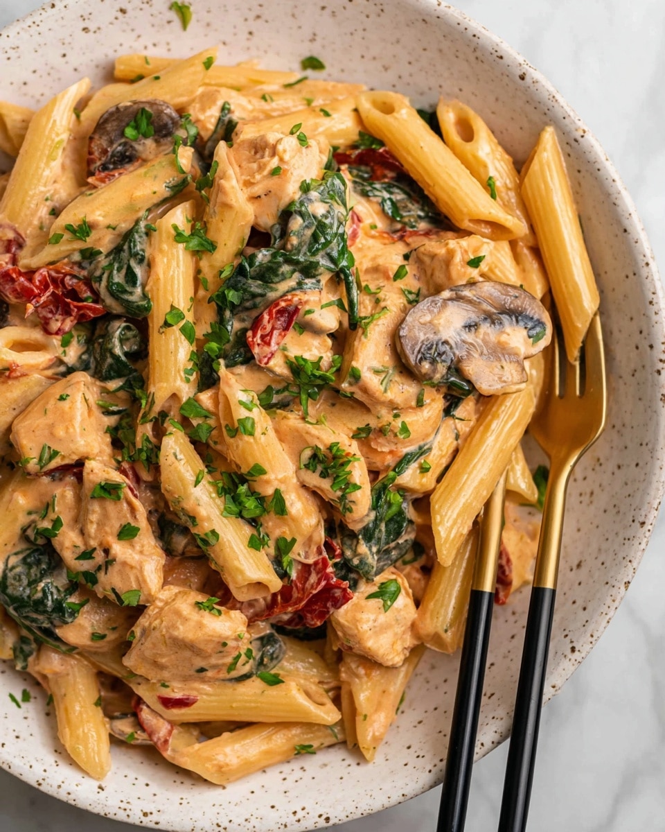 The image shows a white speckled bowl filled with creamy penne pasta mixed with pieces of cooked chicken, dark green spinach leaves, slices of brown mushroom, and bits of red sun-dried tomatoes. The pasta is coated in a light orange cream sauce, and the dish is sprinkled with fresh chopped green parsley on top. Two black and gold chopsticks rest inside the bowl on the right side, on a white marbled surface. photo taken with an iphone --ar 4:5 --v 7