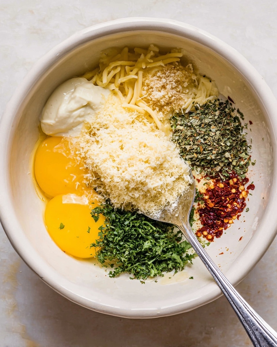 A white ceramic bowl on a white marbled surface holds several layers of ingredients before mixing. The bottom left contains a bright yellow layer of egg yolk and to its right is a small layer of white creamy mayonnaise. Above and slightly left is shredded pale yellow mozzarella cheese. Just above the mozzarella is a small pile of light beige minced garlic. To the right of the garlic is a cluster of dried green herbs, mostly oregano. Next to the herbs on the right side is a small red pile of chili flakes. Below that is a large layer of light-colored grated Parmesan cheese. At the bottom center is a mound of finely chopped fresh bright green parsley. A silver spoon rests in the bowl with Parmesan piled on it. Photo taken with an iphone --ar 4:5 --v 7
