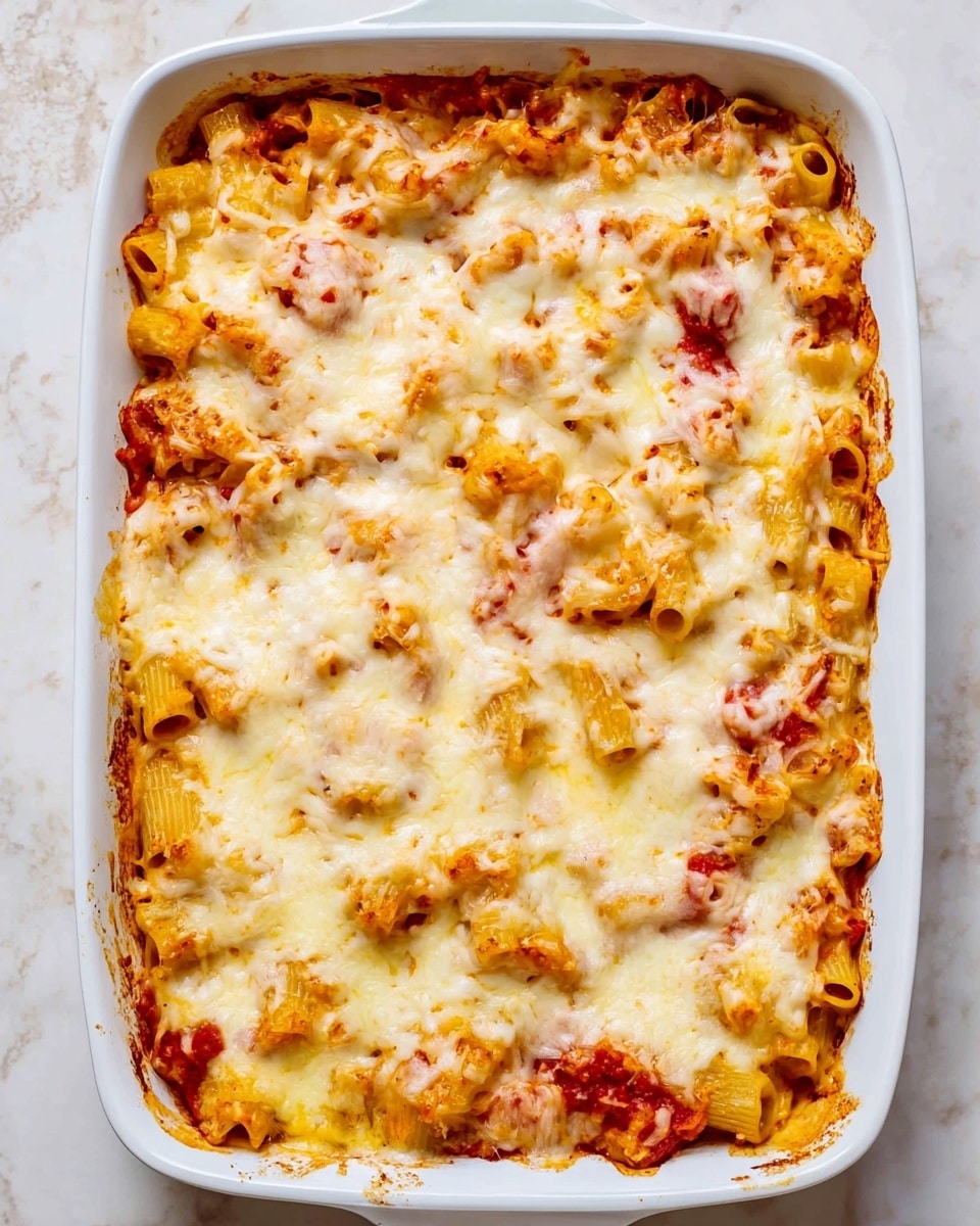 The image shows a baked pasta dish in a white rectangular baking dish. The top layer consists of melted cheese that is golden and slightly browned in spots, covering rolled pasta tubes peeking through here and there. Beneath the cheese, patches of red tomato sauce are visible, adding bright color contrast. The pasta appears soft and fills the dish evenly, with some browned edges along the sides. The dish sits on a white marbled surface. photo taken with an iphone --ar 4:5 --v 7
