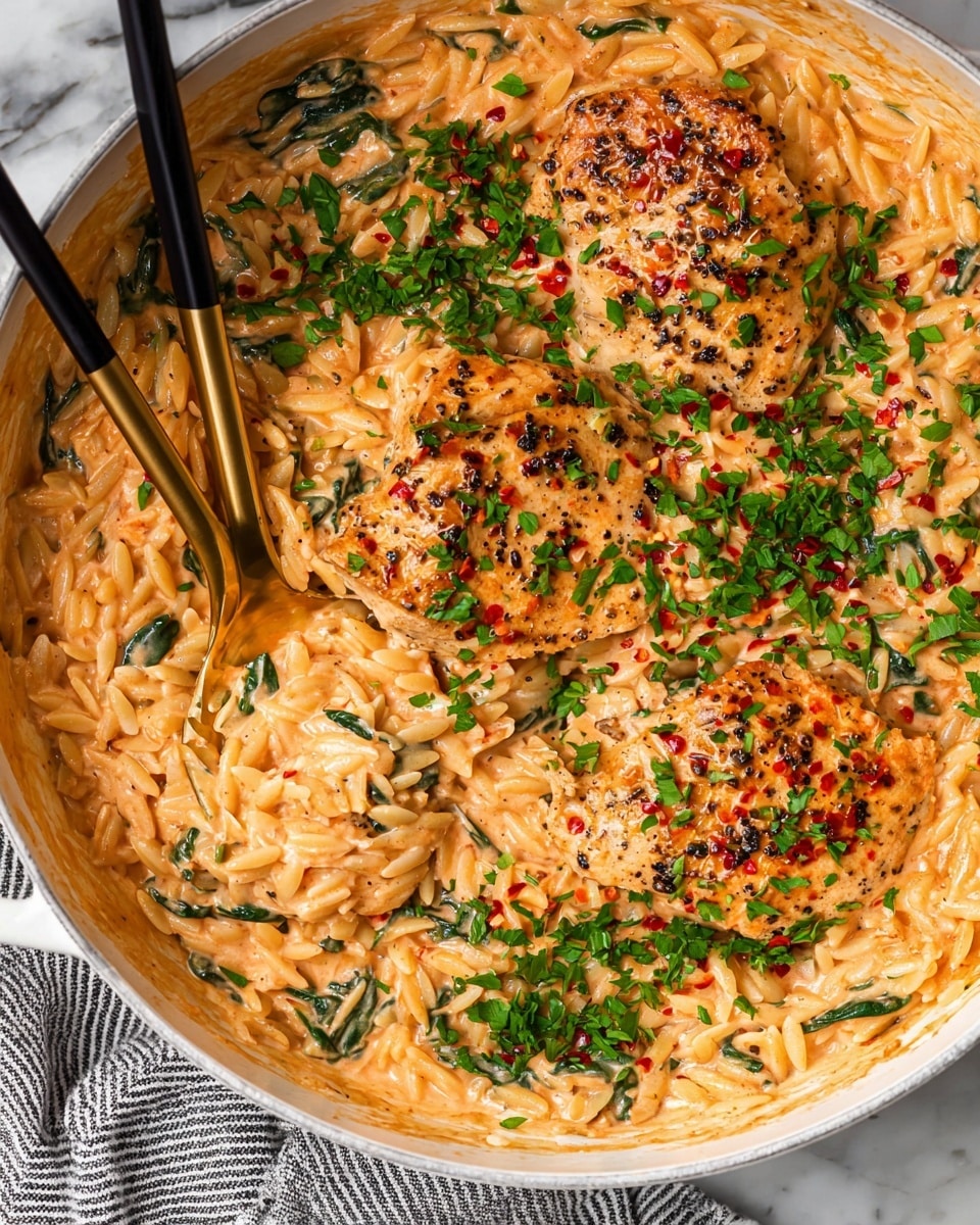 A white pan filled with creamy orange sauce coating orzo pasta and three thick, round light brown cooked pieces of chicken with visible black pepper and red chili flakes on top. The dish is garnished with chopped fresh green parsley scattered evenly over the chicken and sauce. Dark green spinach leaves are mixed within the orzo, adding color contrast. A pair of black chopsticks with gold tips rests inside the pan, holding a gold spoon that scoops some orzo. The pan sits on a white marbled surface with a gray and white striped cloth partially visible at the bottom right. Photo taken with an iphone --ar 4:5 --v 7