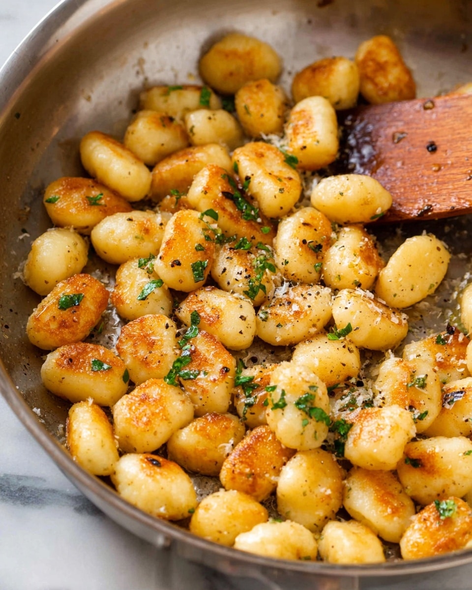 A white bowl filled with one layer of golden-brown gnocchi that has a slightly crispy outside texture and soft inside. The gnocchi are sprinkled with small bits of green parsley and light shreds of white cheese on top. Some black pepper and spices are scattered over the gnocchi for a speckled look. A silver fork rests partially inside the bowl with its handle leaning on the edge. The background features a white marbled surface with a striped cloth slightly visible in the corner. photo taken with an iphone --ar 4:5 --v 7