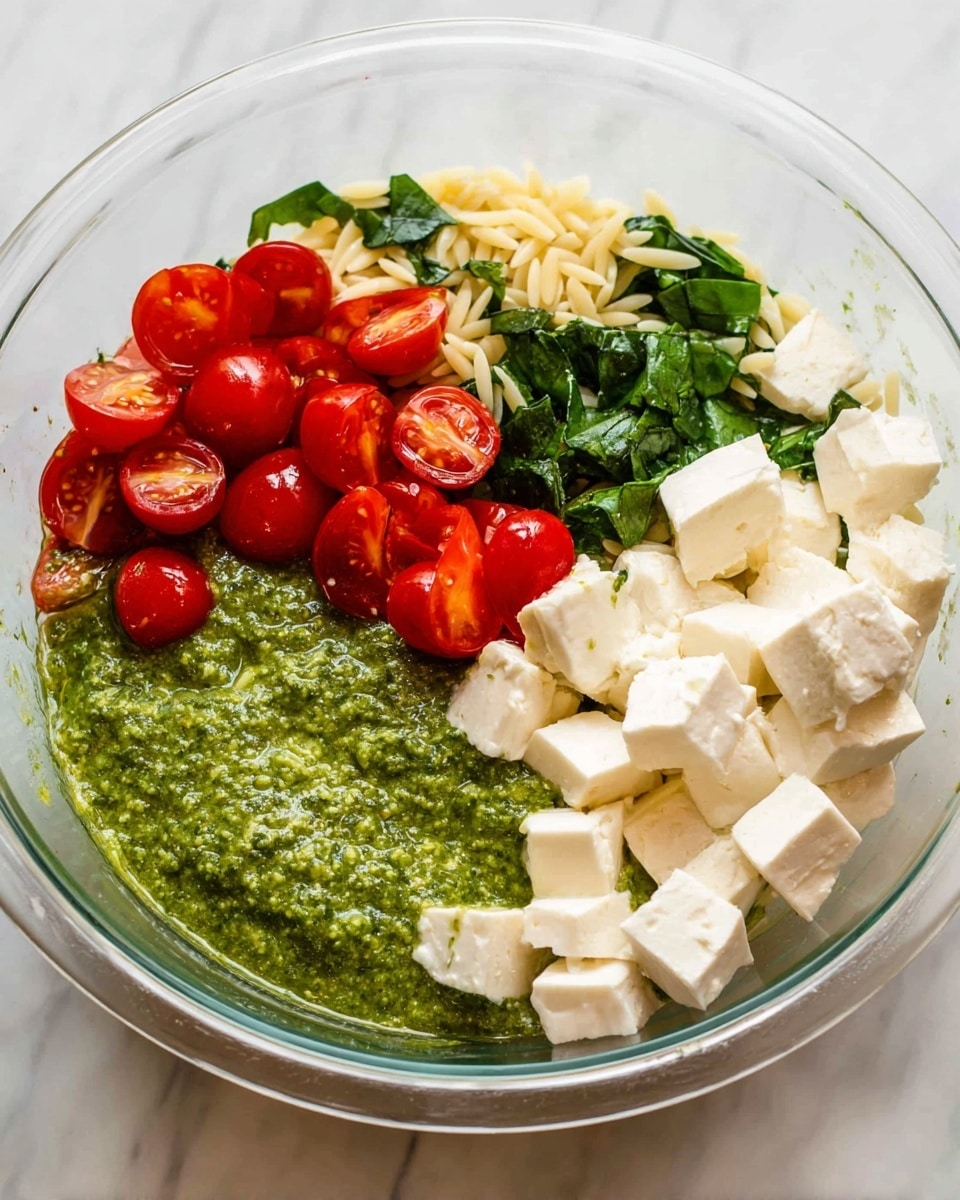 A clear glass bowl sits on a white marbled surface, filled with four distinct layers arranged separately. On the bottom left is a bright green pesto sauce with a smooth, slightly grainy texture. Above it to the left are small, glossy red grape tomatoes, some whole and some sliced in half, showing the juicy inside. In the top half of the bowl, there is yellowish orzo pasta mixed with dark green leafy spinach pieces, scattered unevenly. On the bottom right, there are many white cubes of cheese with a soft, slightly crumbly look. Photo taken with an iphone --ar 4:5 --v 7