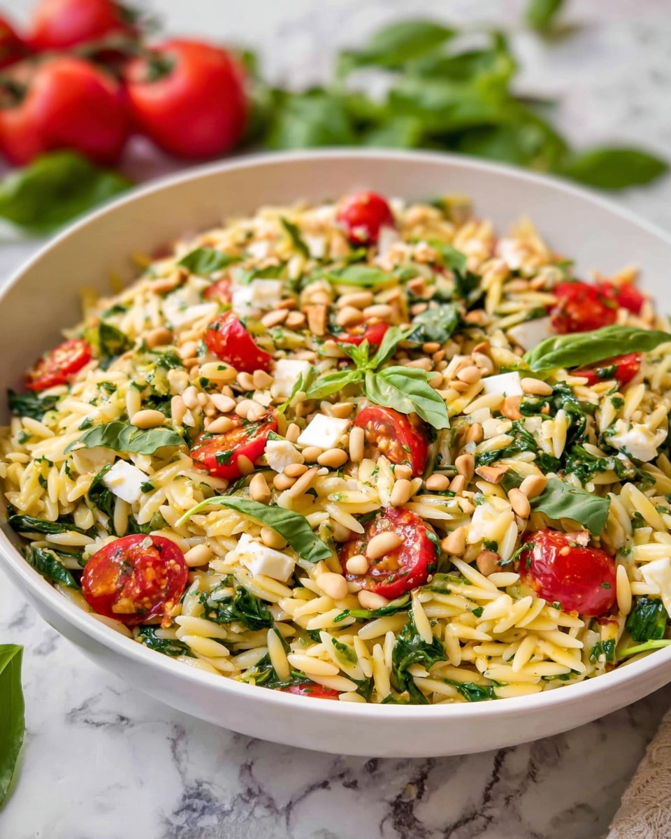 A white bowl filled with a colorful orzo salad featuring three main layers: the base is light yellow orzo pasta, mixed with chopped green spinach leaves folded throughout; the middle layer shows bright red cherry tomato halves scattered evenly; the top layer has small white cubes of cheese and light brown pine nuts sprinkled all over. The bowl sits on a white marbled surface, with some fresh basil leaves and tomatoes in the background, adding to the fresh look. Photo taken with an iphone --ar 4:5 --v 7