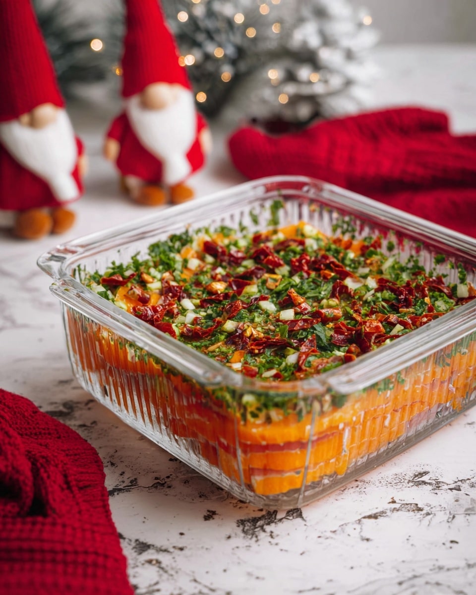A clear glass square dish filled with thin layers of orange slices arranged vertically as the bottom layer, topped with a thick layer of finely chopped green herbs and green onion bits, and sprinkled with small pieces of red sun-dried tomatoes. The dish rests on a white marbled textured surface, with a blurry frosted small pine tree and two fabric gnome decorations in red and white behind it, complemented by a red cloth scattered on the surface. Photo taken with an iphone --ar 4:5 --v 7