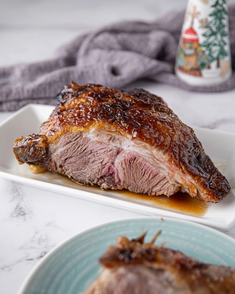A single large piece of roasted meat with a crispy, browned outer layer glazed with a shiny brown sauce sits on a white rectangular plate. The inside of the meat is visible, showing a tender, juicy pink and gray texture with visible grain lines. In front, there is a blurred view of another piece of cooked meat on a plate with a light blue rim. The whole scene is set on a white marbled surface with a soft gray cloth in the background and a small decorative object with winter-themed designs behind the meat. Photo taken with an iphone --ar 4:5 --v 7