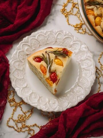 Festive Focaccia Bread with Cherry Tomatoes, Onion, and Rosemary Christmas Tree Design Recipe