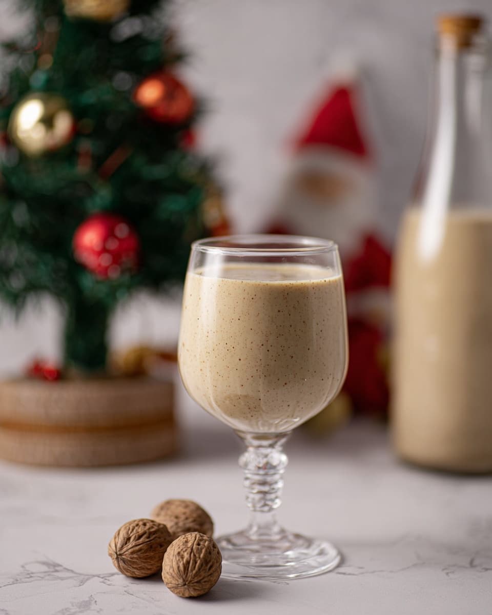 A clear glass with a short stem holds a creamy beige drink with specks of darker color mixed in evenly throughout. The drink fills the glass close to the rim with a smooth, slightly frothy surface. In front of the glass, there are three small whole nuts with rough, textured shells, resting on a white marbled surface. Behind the glass, a small dark green Christmas tree decoration with gold and red ornaments stands out, along with a blurred figure of a red and white gnome and a clear bottle filled halfway with the same beige drink on the right. The scene has a cozy, festive feel. photo taken with an iphone --ar 4:5 --v 7