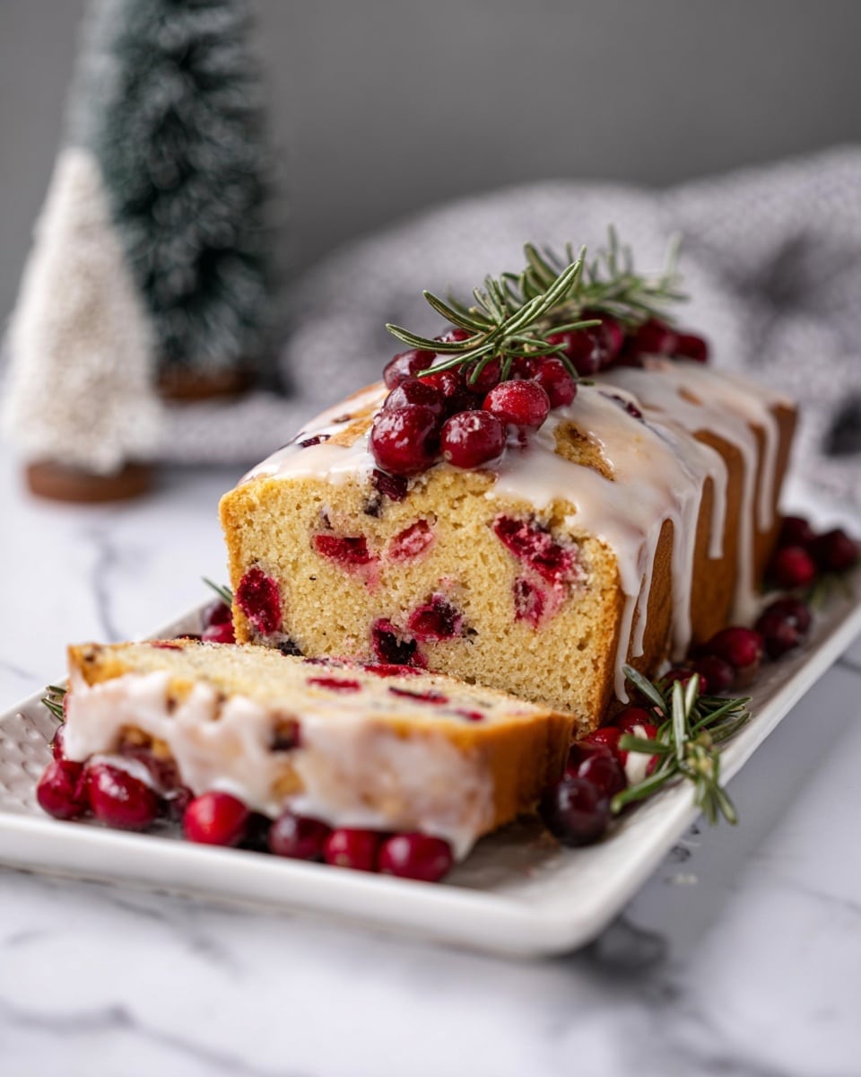 A loaf cake with a light golden brown crust sits on a white rectangular plate on a white marbled surface. The cake is sliced to show a soft, moist inside filled with bright red cranberries scattered throughout. A thin layer of white icing drips down the sides of the cake. On top, fresh red cranberries and a sprig of green rosemary add color and texture. Some cranberries and icing pool around the base of the cake. In the blurred background, a frosted small tree decoration and a grey cloth are visible. Photo taken with an iphone --ar 4:5 --v 7