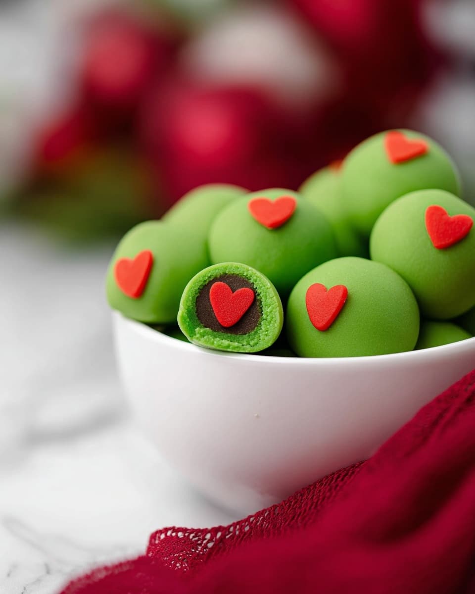 A white bowl filled with round, smooth green balls each topped with a small red heart shape on the upper surface; one green ball is cut in half showing a dark filling inside with a smooth texture, all placed on a white marbled surface with blurred background containing red and green colors, a piece of red cloth partially around the bowl, photo taken with an iphone --ar 4:5 --v 7