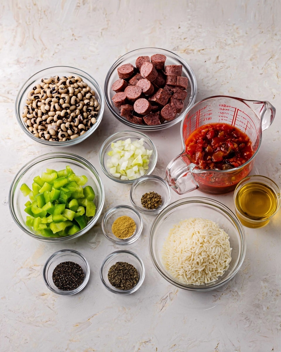 The image shows several clear glass bowls and containers, arranged on a white marbled surface. At the back left, there is a bowl filled with cooked black-eyed peas. To the right of that is a bowl of sliced sausage pieces in a dark pink color. Next to that is a clear measuring cup with a reddish tomato mixture containing some small vegetables or peppers. In front of the sausage bowl is a small bowl with diced green bell pepper. To the left of the green pepper is a bowl with chopped onions, and next to it, a bowl with uncooked white rice. In the front row, there are three small glass containers holding different spices: one with black pepper, one with a mix of ground spices, and the last with a light yellow powder. Between the spices and tomato mixture is a glass filled with a golden liquid, possibly oil or broth. The setup is well lit, and the containers are neatly arranged for easy viewing, photo taken with an iphone --ar 4:5 --v 7