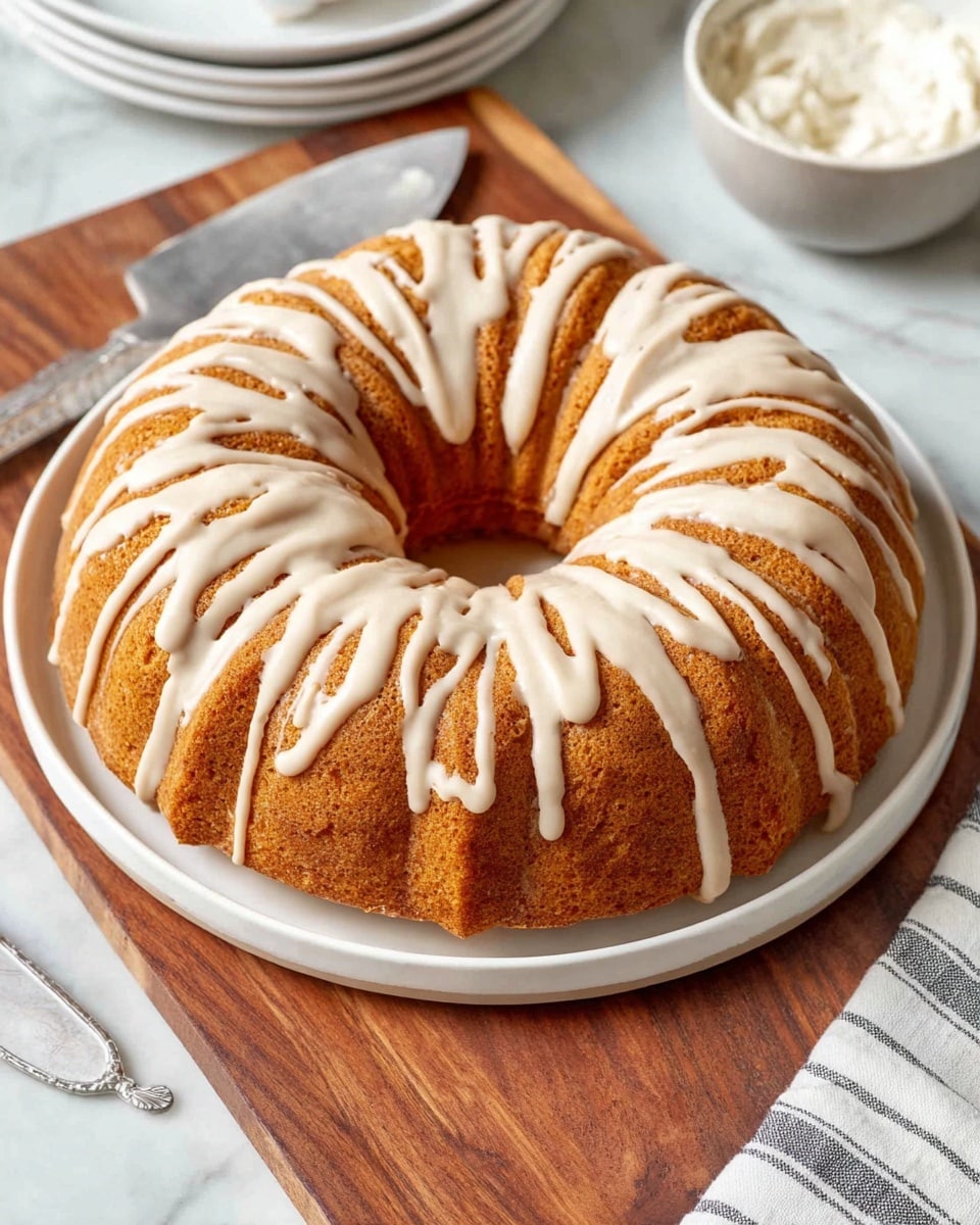 A round, thick cake with a golden brown crust sits on a white plate, resting on a dark wooden board over a white and red striped cloth. The cake is being topped with a light brown, smooth icing that is poured in thick lines from a spoon held by a woman's hand above it. The background is a white tiled wall and the surface is a white marbled texture. photo taken with an iphone --ar 4:5 --v 7