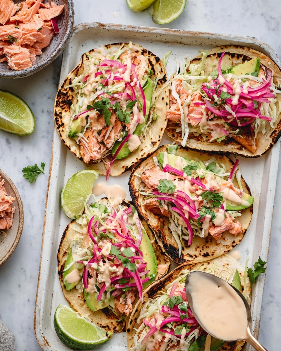 The image shows four small grilled tortillas on a metal tray lined with white paper, each topped with layers of light pink grilled fish, pale green avocado slices, thin bright pink pickled onions, shredded white cabbage, chopped green cilantro, and drizzled with creamy light orange sauce. A lime wedge is placed near the bottom left corner of the tray. Around the tray, there is a small white bowl filled with pieces of the pink grilled fish, more lime wedges in a white bowl, fresh green cilantro leaves, and an avocado half on a white marbled surface. Some sauce and garnishes are scattered lightly on the paper and surface. Photo taken with an iphone --ar 4:5 --v 7