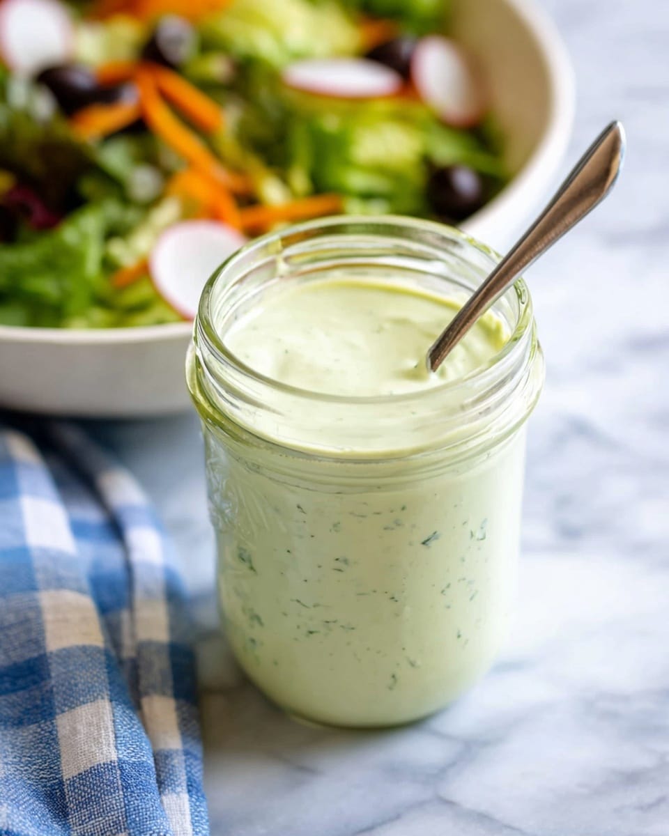 A glass jar filled almost to the top with creamy pale green salad dressing that has small herb bits mixed in, with a silver spoon dipped inside, positioned on a white marbled surface with a blue and white checkered cloth nearby; in the blurred background, a white bowl contains a colorful salad with green lettuce leaves, orange carrot slices, dark olives, and slices of radish photo taken with an iphone --ar 4:5 --v 7