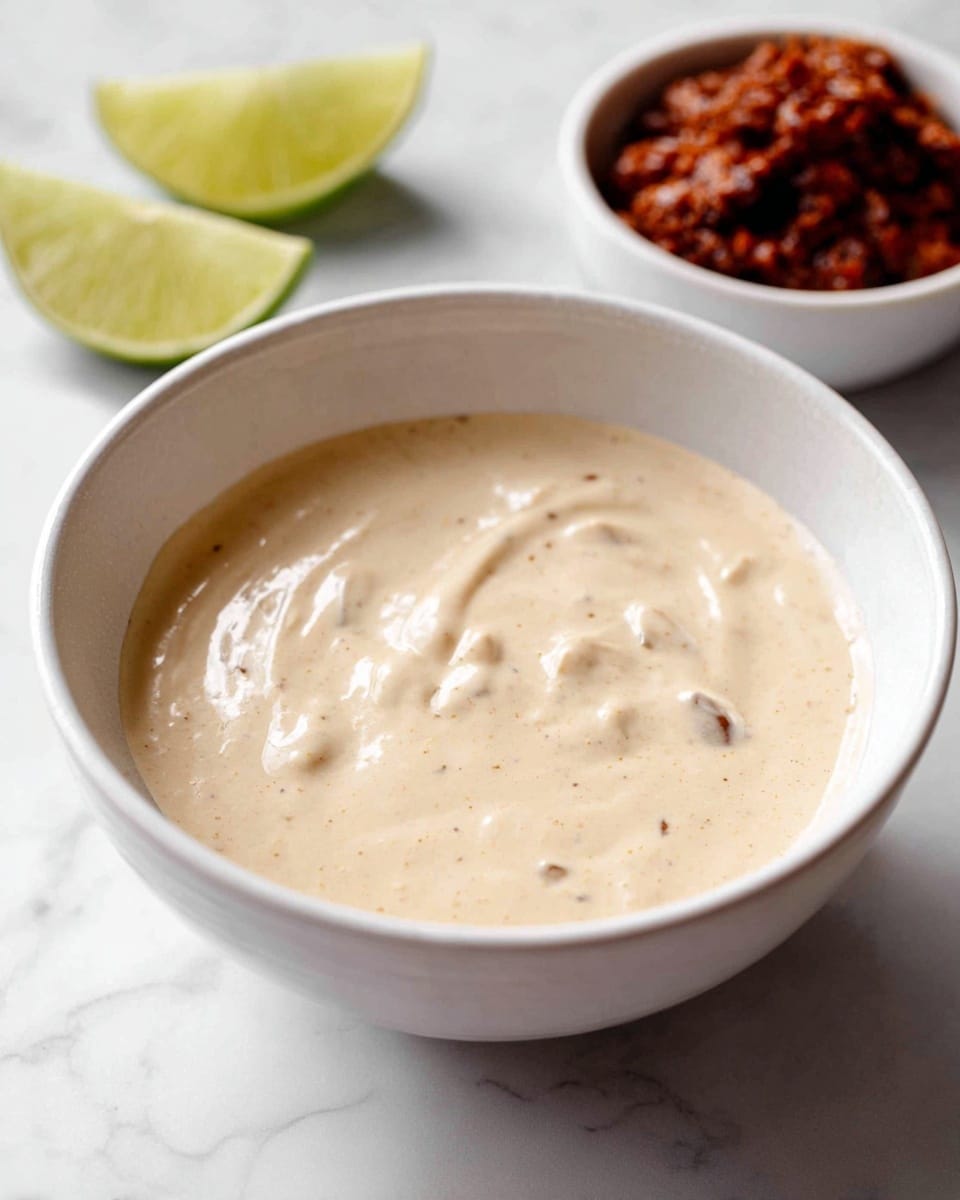 A close-up view of a thick, creamy sauce with small chunks mixed in, light tan in color with darker bits scattered throughout. The sauce fills a white bowl that has a smooth inside surface and a slightly textured outside. A silver spoon is scooping some of the sauce, showing its smooth but textured consistency. In the blurred background, there is a halved lime resting on a white marbled surface. The overall look is warm and inviting, focused on the sauce’s creamy texture. Photo taken with an iphone --ar 4:5 --v 7