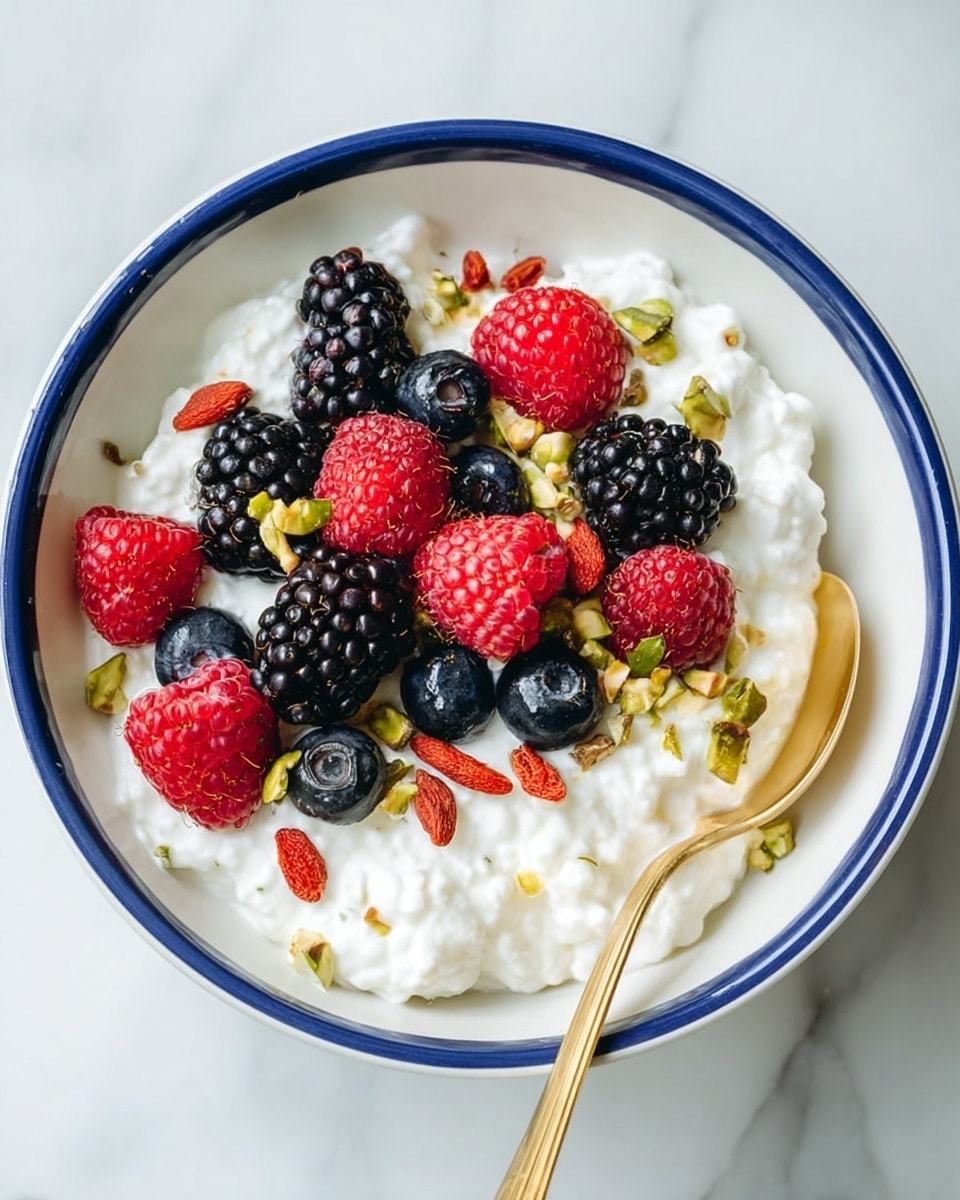 A white bowl with a blue rim holds a thick layer of white cottage cheese at the bottom. On top, there is a mix of fresh berries including red raspberries, black blackberries, and dark blue blueberries scattered evenly in the center. Small pieces of green pistachio nuts and red goji berries are sprinkled over the berries. A golden spoon is placed inside the bowl on the right side. The bowl sits on a white marbled surface. photo taken with an iphone --ar 4:5 --v 7
