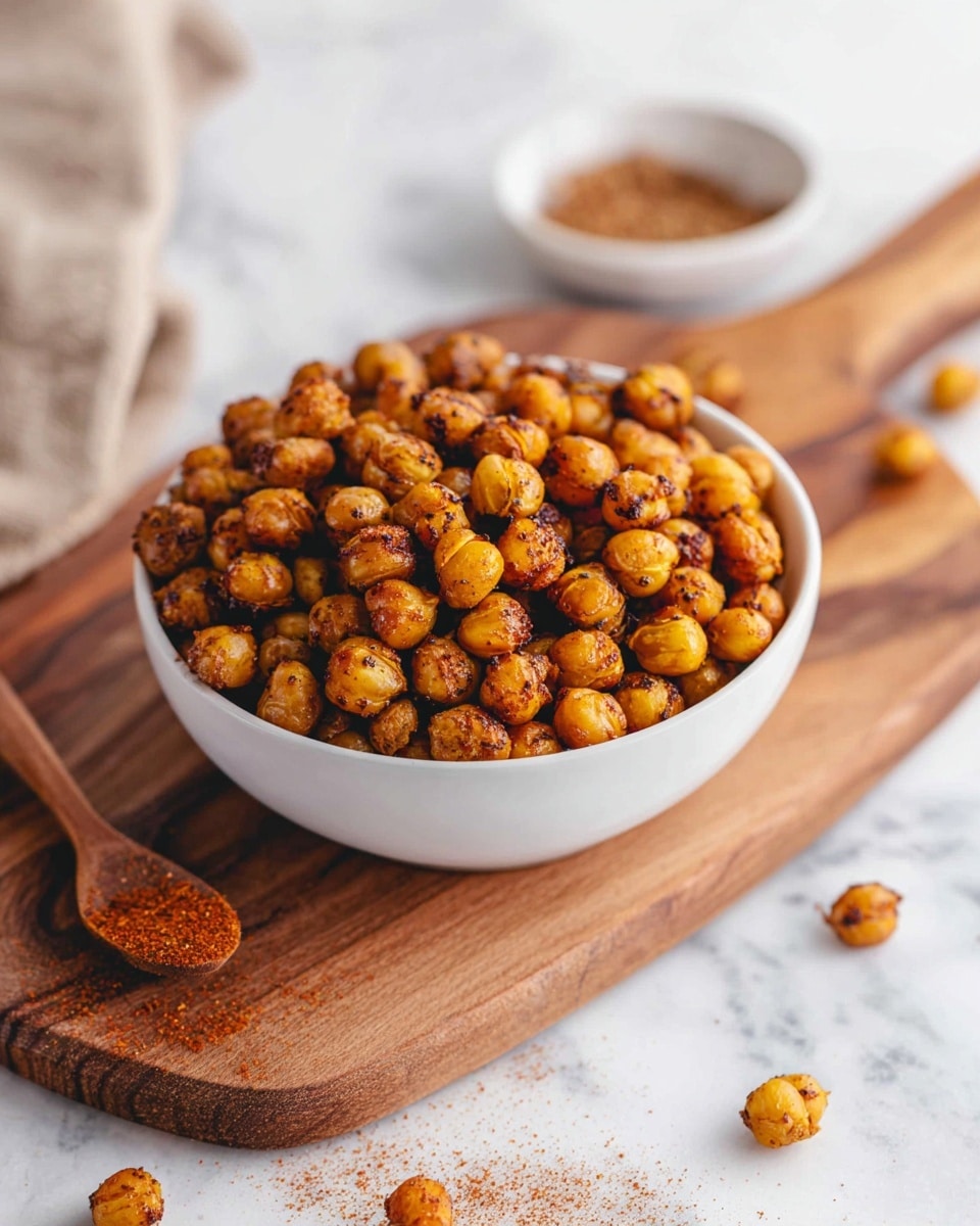 A white bowl filled with one layer of roasted chickpeas sits on a wooden board with visible grain and natural texture. The chickpeas are golden brown with darker brown spots from roasting, giving a crunchy look. Around the bowl, there are small portions of spices on a wooden spoon and a small white dish, both slightly blurred in the background. The setting is on a white marbled surface. photo taken with an iphone --ar 4:5 --v 7