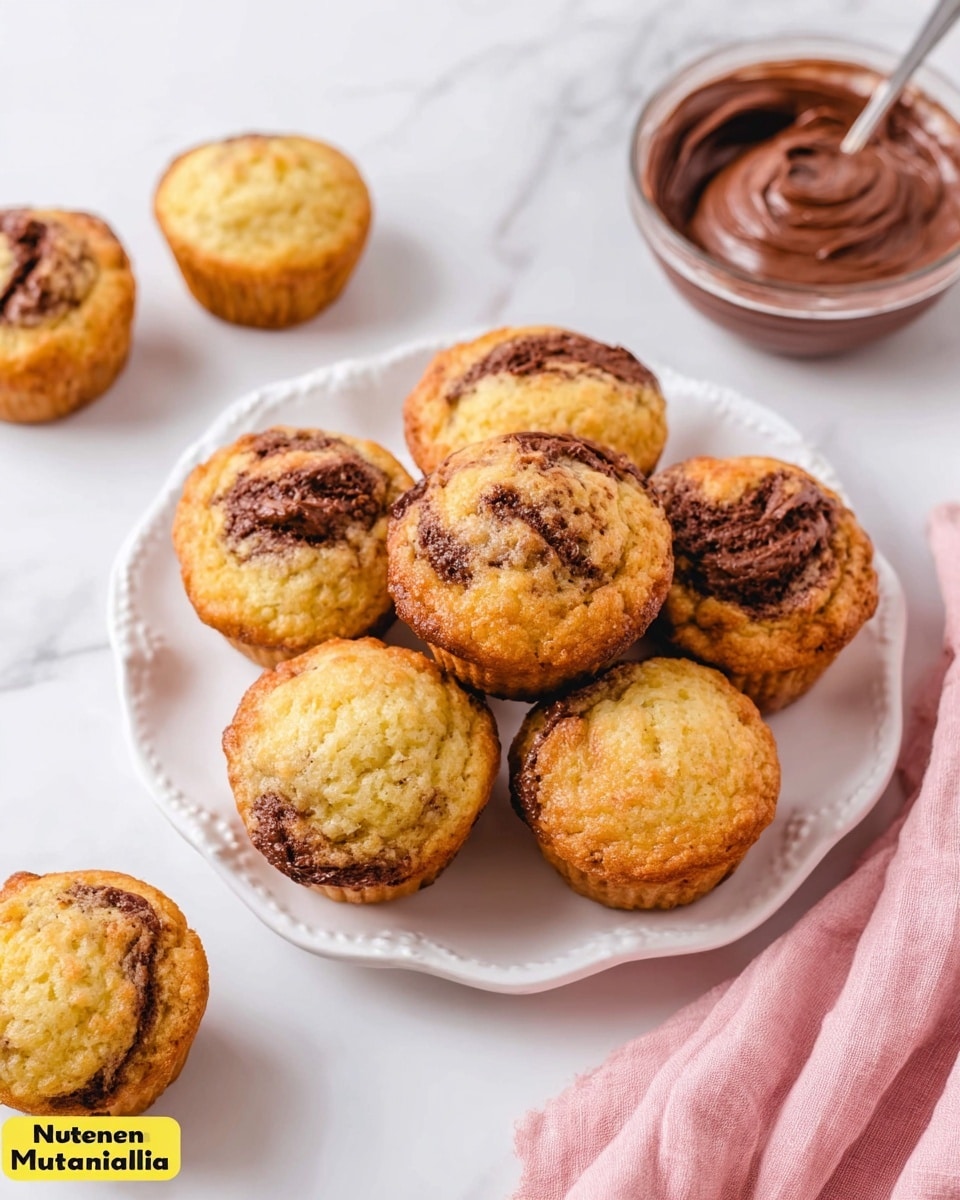 There is a white scalloped plate holding six banana muffins with swirls of dark brown Nutella visible on their golden tops. Around the plate on the white marbled surface, there are two more muffins scattered, showing their slightly cracked golden crusts with Nutella swirls. Above the plate, a small clear bowl filled with smooth, dark brown Nutella sits on the surface. A soft pink cloth is draped on the right side of the plate, adding a touch of color to the scene. The overall look is warm and inviting with the rich creamy texture of the Nutella contrasting the fluffy golden muffins. photo taken with an iphone --ar 4:5 --v 7